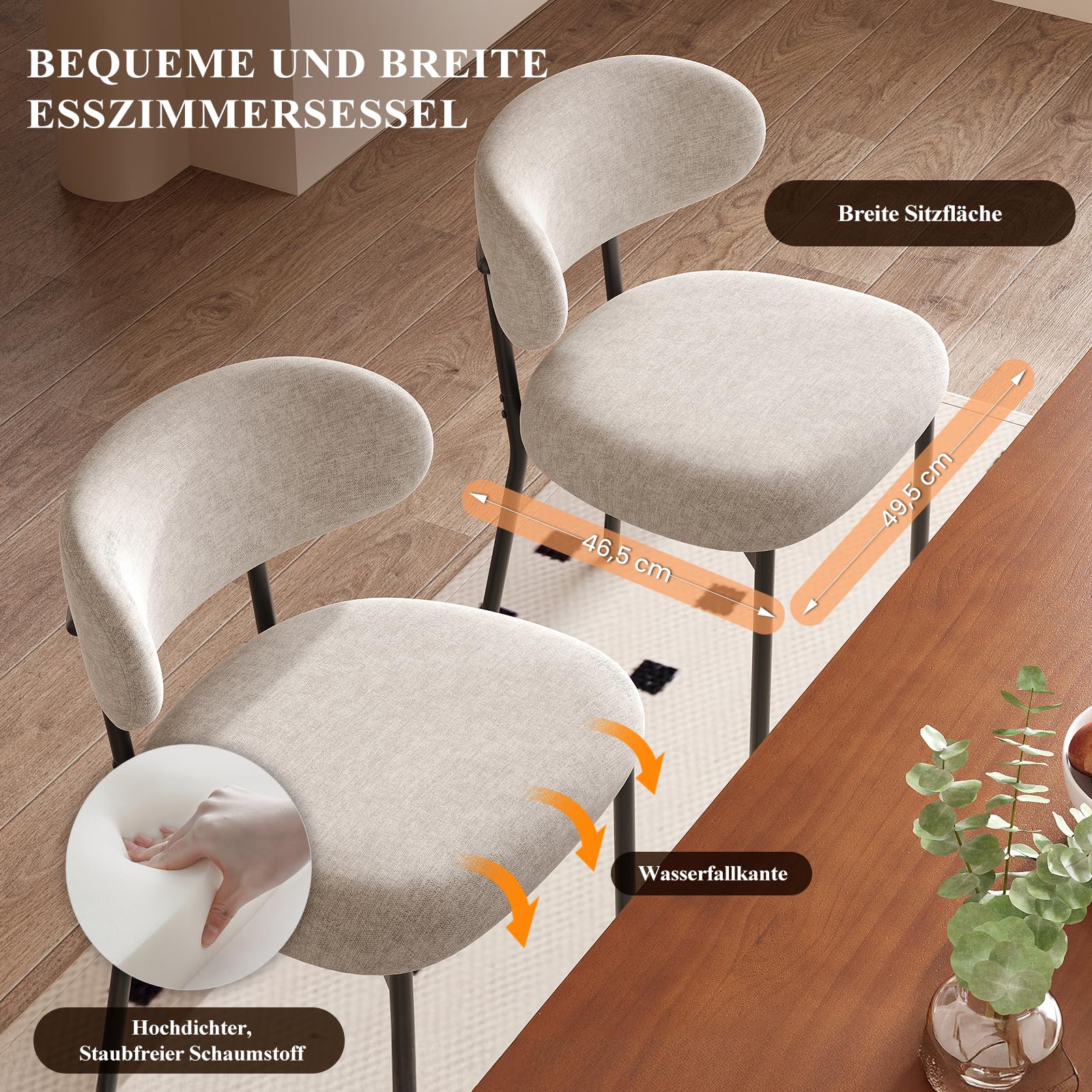 MALOL Gepolsterte Esszimmerstühle 4er Set – Moderner Stoff, Gebogene Rückenlehne, gepolsterter Sitz, stabile Metallbeine – Design-Stühle für Küche, Esszimmer, Wohnzimmer – Kamel