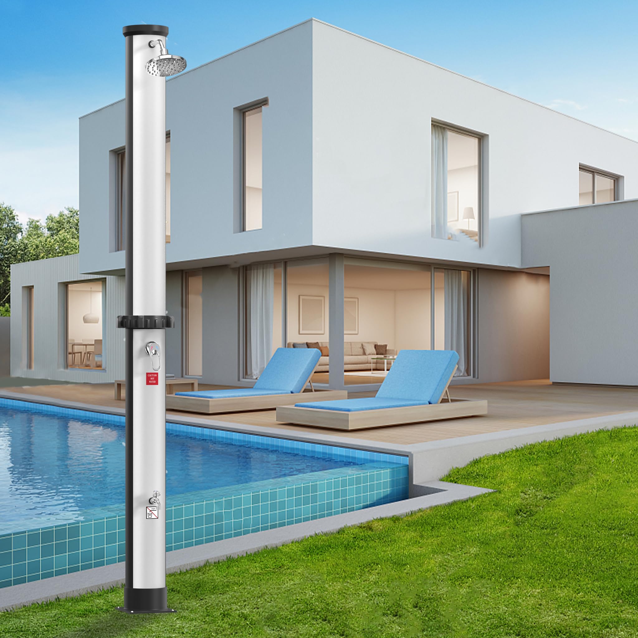 SUBTLETY Prysznic solarny 35 l, system prysznicowy z obrotową głowicą prysznicową i prysznicem nożnym, prysznic zewnętrzny, kolumna prysznicowa, temperatura wody do 60°C, do ogrodu, na kemping, baseny (srebrny + czarny)