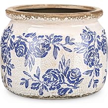7.7" Large Vintage Ceramic Plant Pot Blue White Rose Crackle Glaze Rustic Flowers Pot Decorative Planter with Drainage for Indoor Outdoor Plants Kitchen Office Home Decor Gift