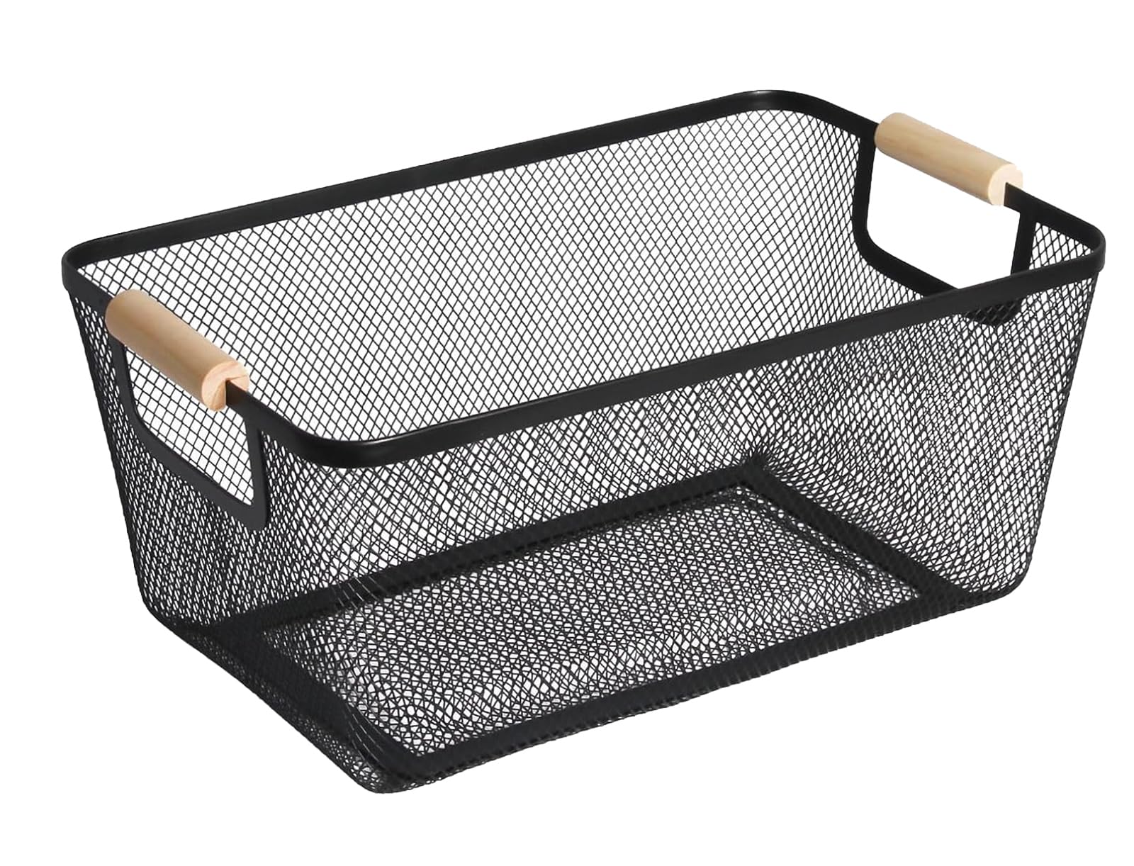 AJIODA Metal Mesh Steel Basket, Large Wire Storage Organizer Basket Multi-function Hanging Kitchen Baskets with Wood Handle for Kitchen Bathroom Picnic Home, Rectangle-Black