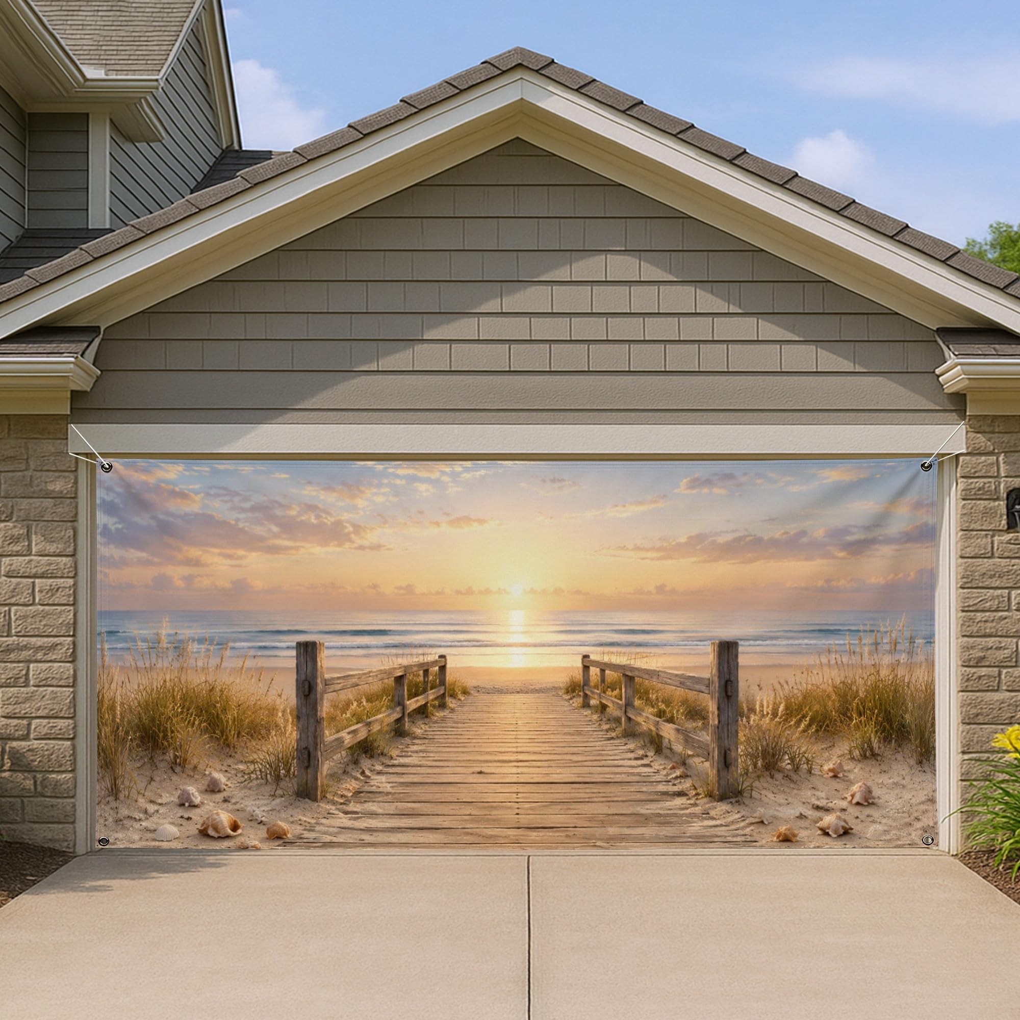 Couverture de porte de garage plage 397x180 cm décor été