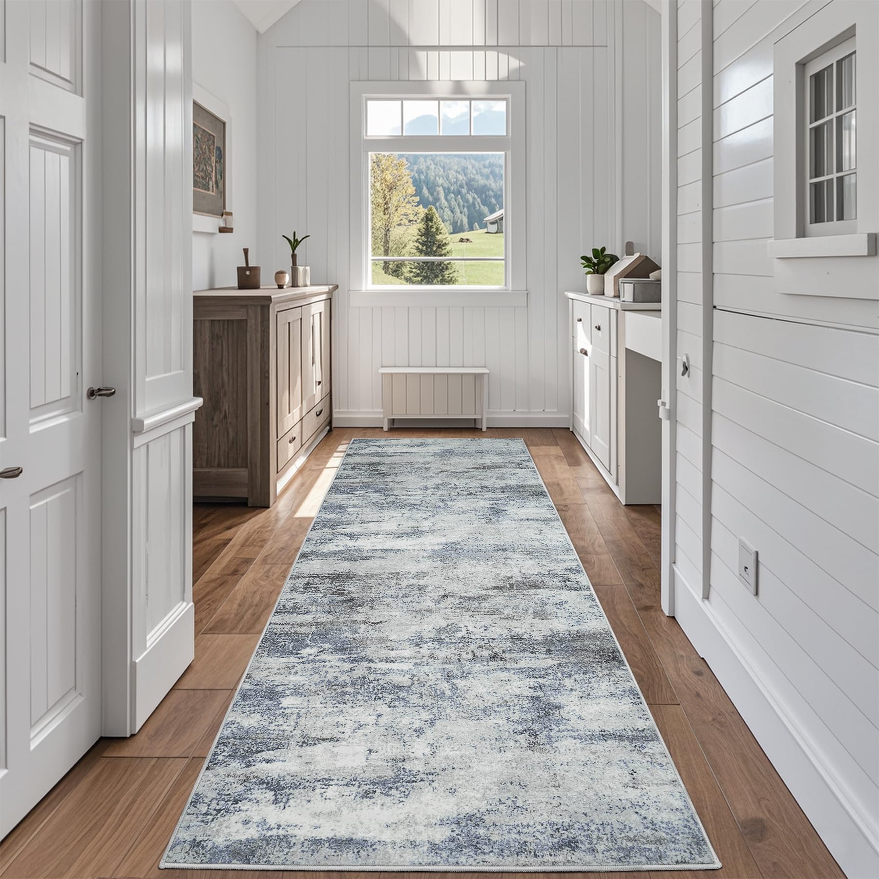 Runner Rug for Hallways Kitchen 2'6"x8' Washable Non Slip: Carpet Non Skid 8ft Entryway Rubber Backed 8 Feet Neutral Abstract Modern Rug Low Pile Pet