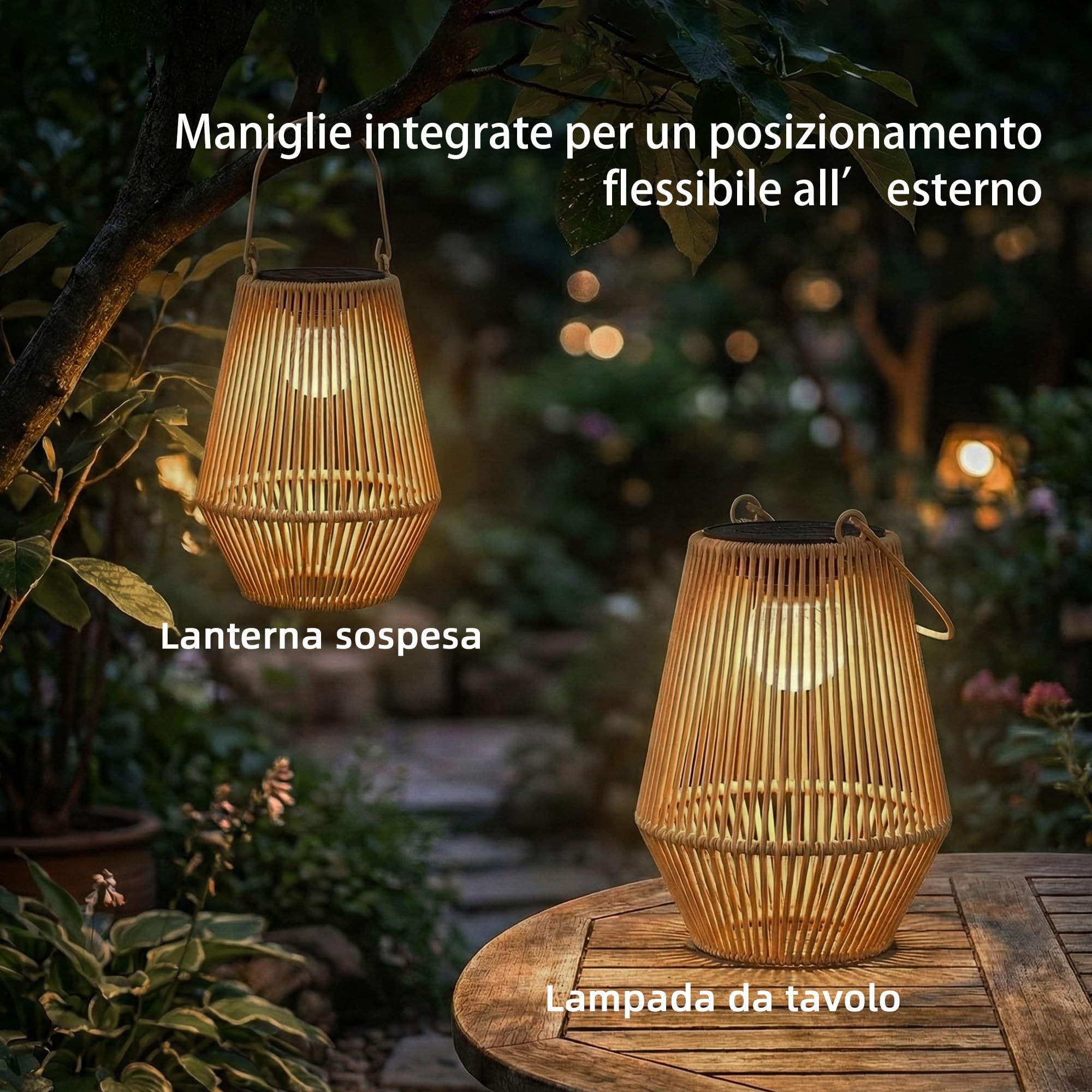 Lot de 2 lanternes tressées auto-éclairantes à énergie solaire pour décoration d'ambiance de camping et de jardin