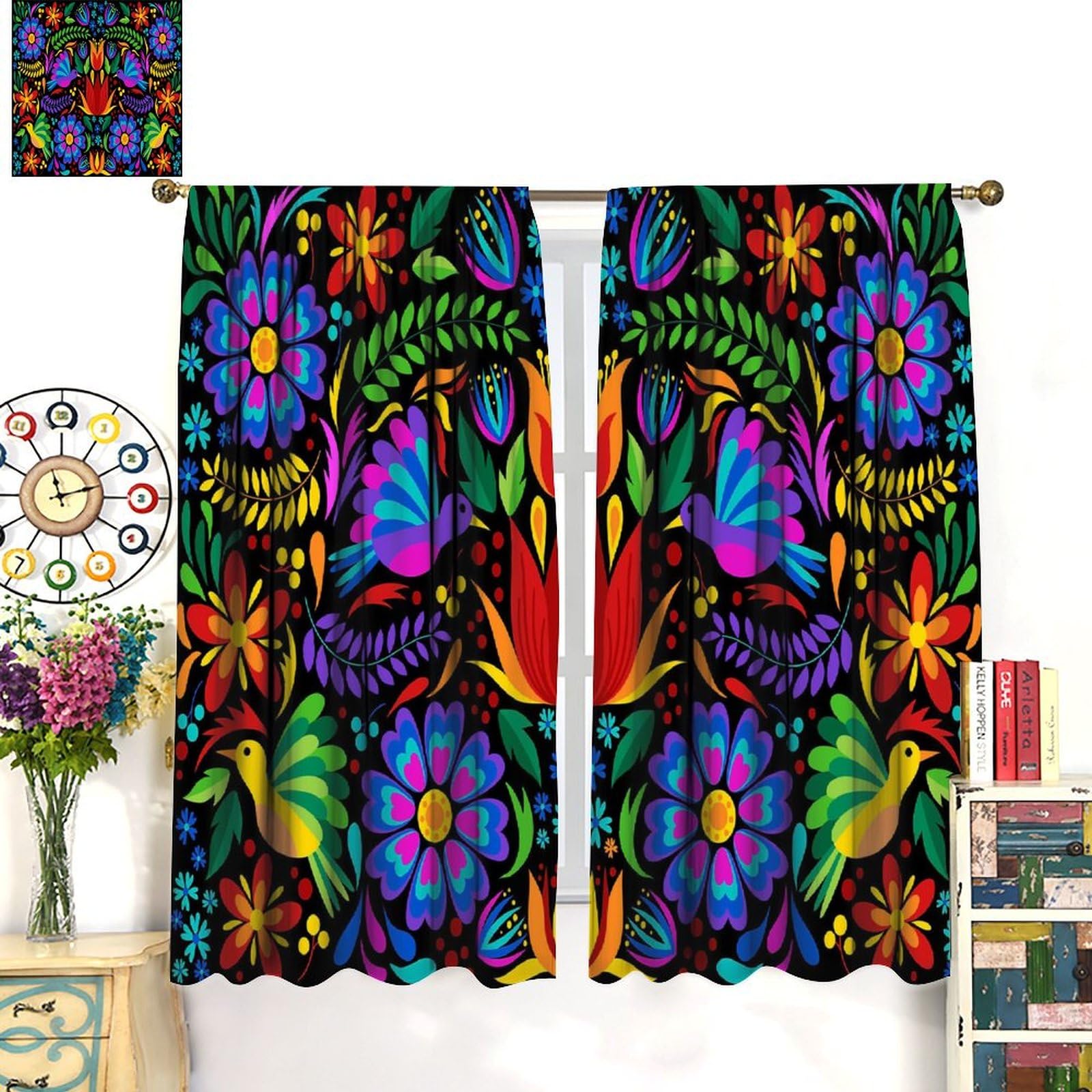 BenYaSong Mexican Decor Window Curtain，Birds Colorful Flowers Mexican Embroidery Style Art for Home Kitchen Livingroom Coffee Room Window Curtain 2