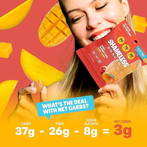 Miniatura 7 de Shameless Snacks  Snacks saludables bajos en calorías, gomitas keto bajas en carbohidratos (caramelos sin gluten)  Paquete de 6 chiles y mango fuego