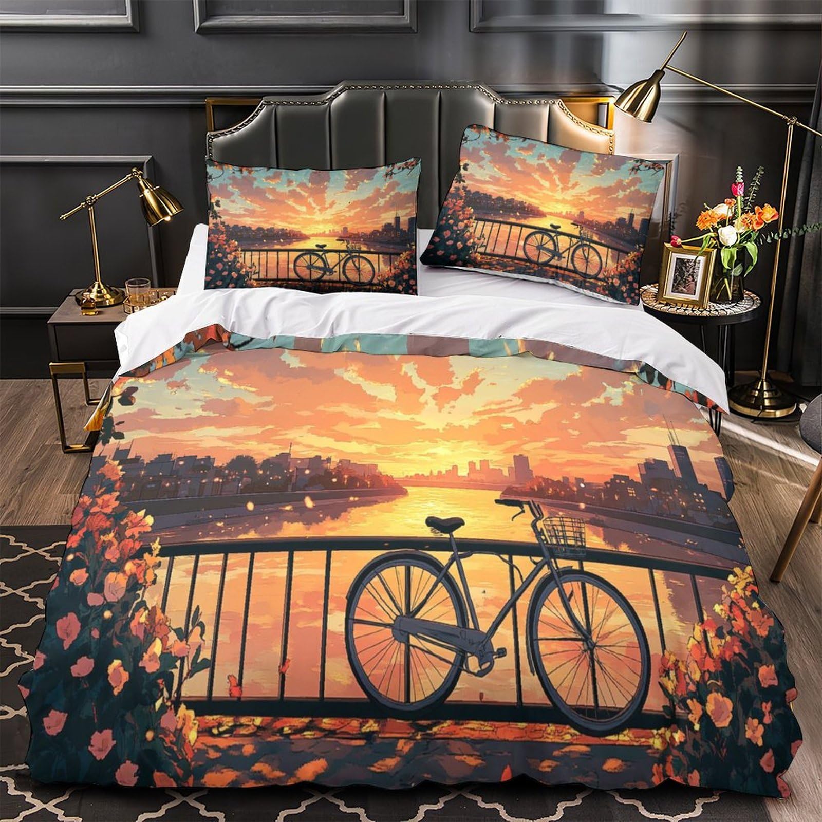 Housse de couette 3D effet coucher de soleil fermeture éclair douce lit 1 place