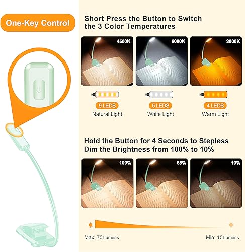 Vista 27 de Gritin Luz de libro recargable de 9 LED para leer en la cama, cuidado de los ojos, 3 temperaturas de color, brillo de atenuación continua, 80 horas