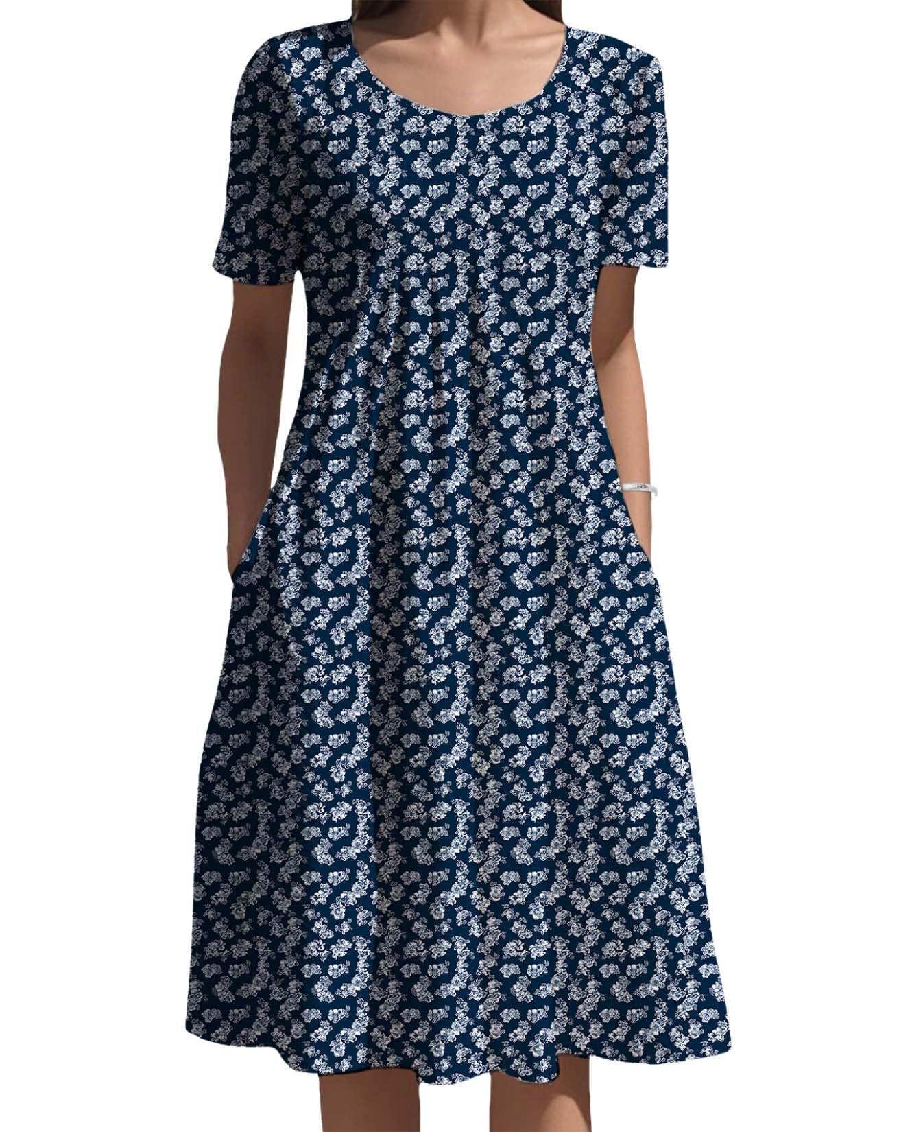 Medlor Womens Boho Dresses Floral Printed Short Sleeve Crew Neck Plus Size Holiday Dress with Pockets for 2025 Summer