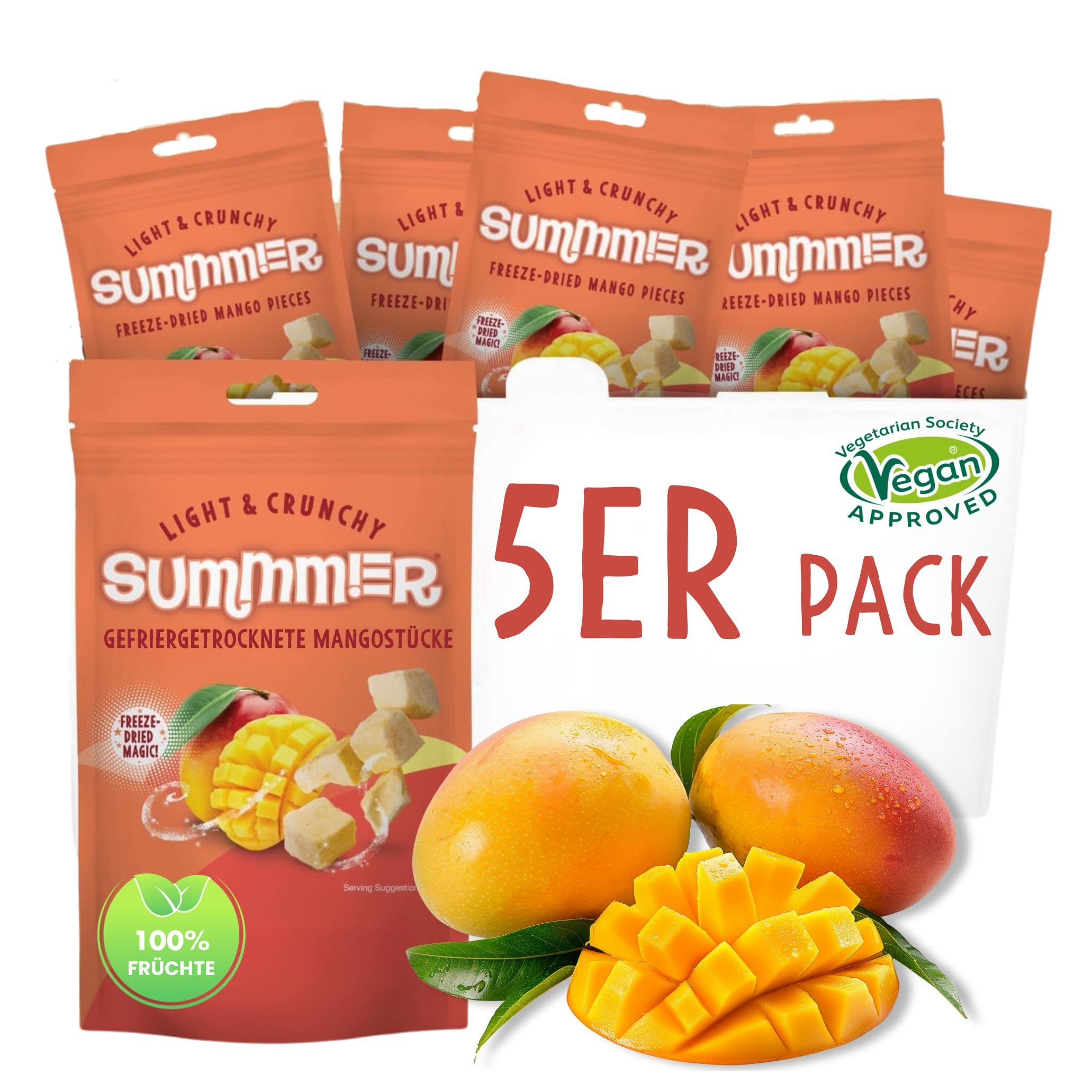 Summmer Gefriergetrocknete Mango Früchte, 5 Stück, Einzelserve-Packung, ohne Zuckerzusatz, 100% natürliche, gefriergetrocknete Snacks (55 g)