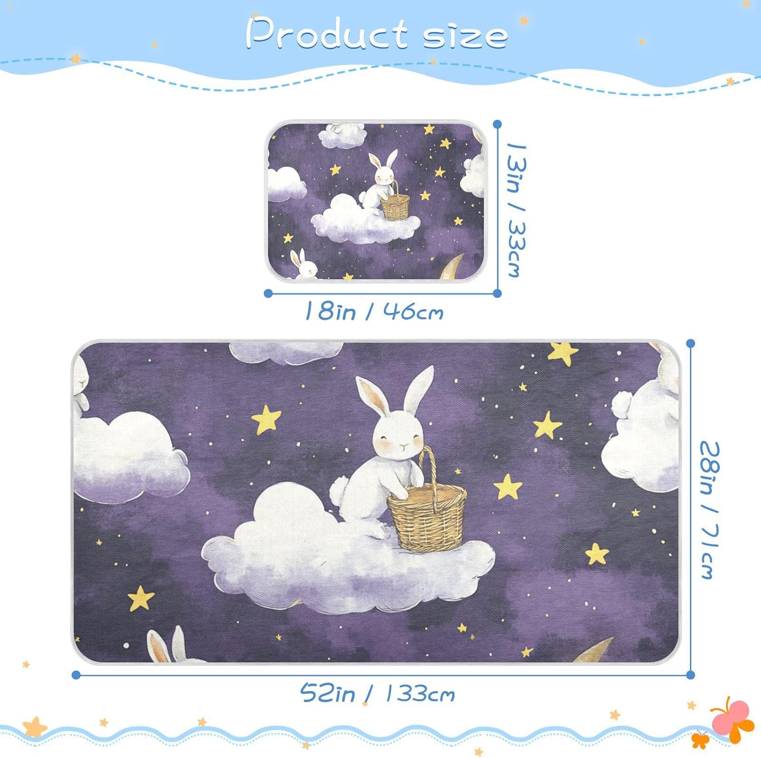 Purple Clouds Rabbits Moon Cooling Baby Toddler Bed Mattress 28" x 52" Reusable Mattress pad Cover for Kids, Adult