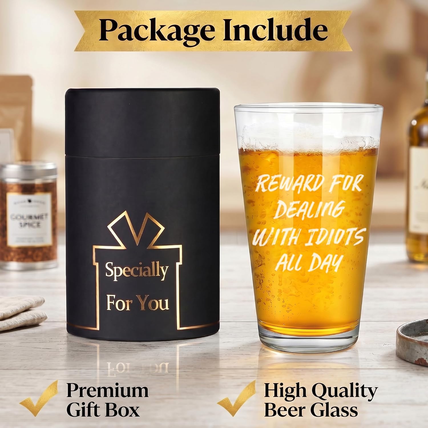 Reward For Dealing With Idiots All Day Beer Glass, Funny Gifts for Men Coworker Friend Husband Boss Him Christmas Bosses Day Birthday, 15 OZ Beer Glass with Gift Box