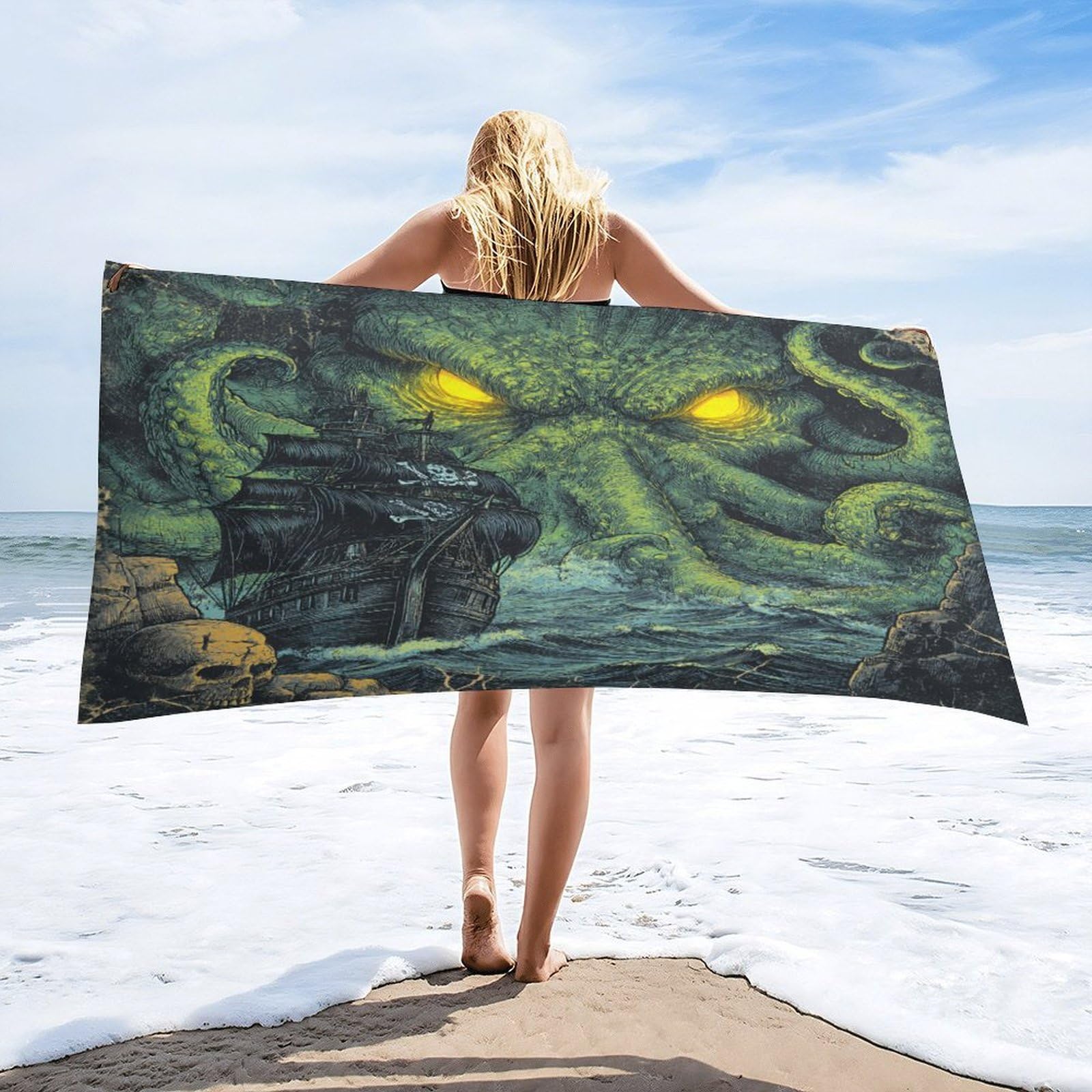 Luyysky Classic Nautical Sea Octopus Quick-Drying Beach Towel, Norse Oil Painting Animal Octopus Pirate Ship Skeleton Skull Travel Vacation Single Sided Pile Bathroom Towels-80 W Cm X 160" L Cm