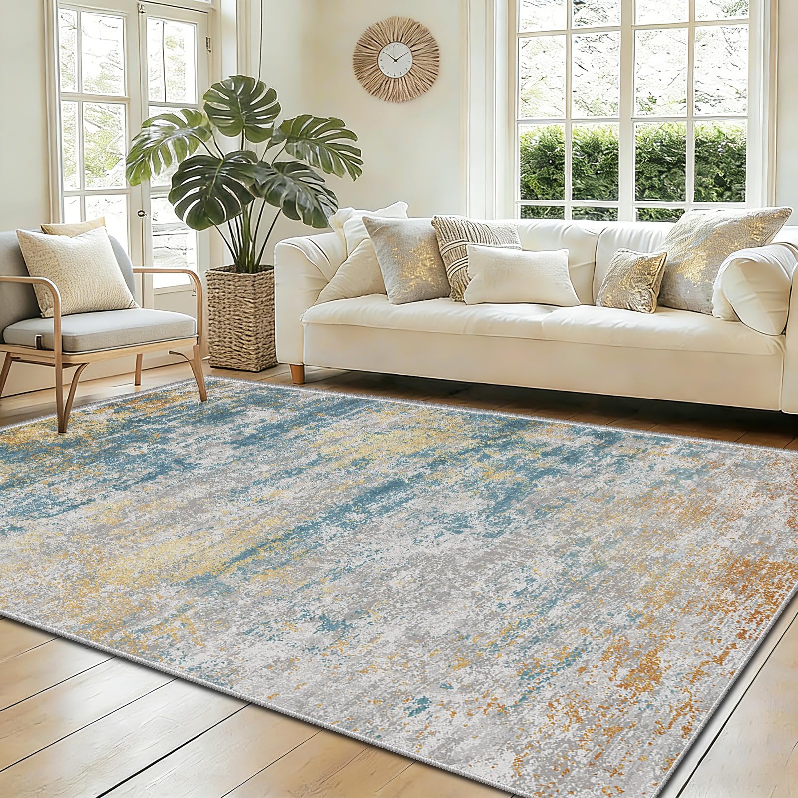 WQMMD Washable Modern Rug, 140 x 200 cm, Blue Gradient with Yellow — image 1