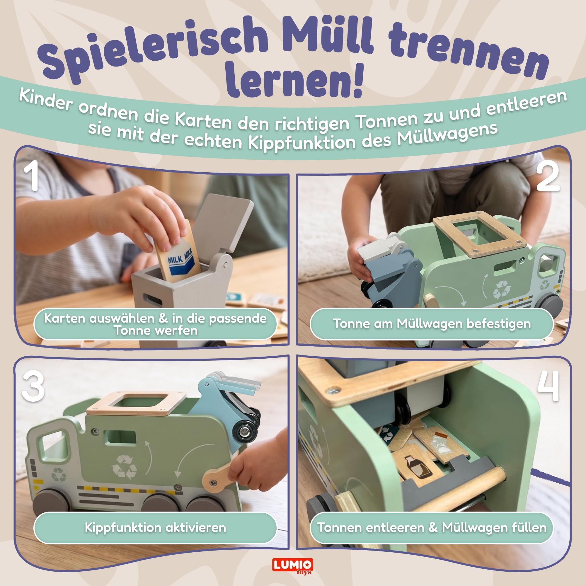 Montessori Müllauto Holz ab 3 Jahren – Müllwagen Lernspielzeug – Müllabfuhr Set mit Mülltonnen & Karten zur Mülltrennung – Motorikspielzeug & Geschenk für Junge & Mädchen 3 4 5 Jahre