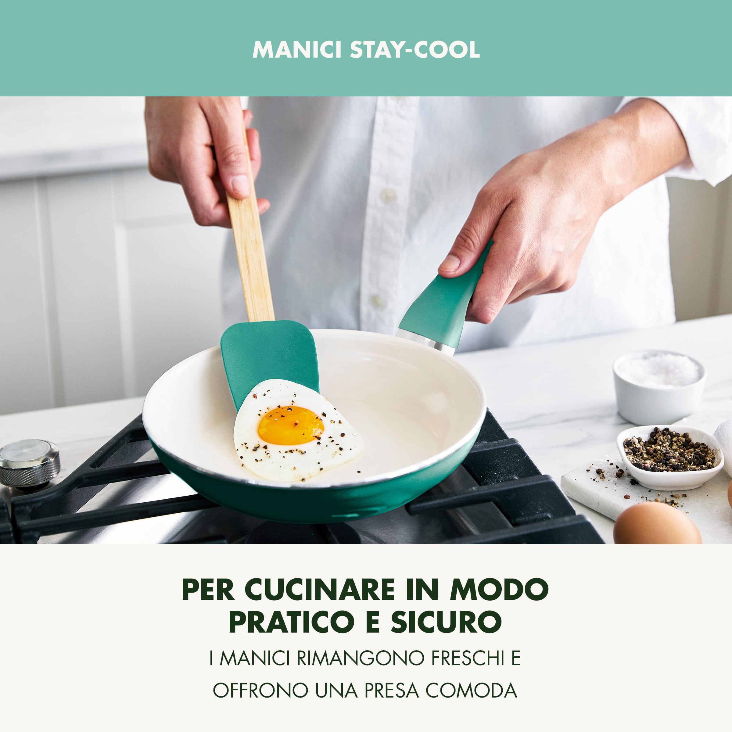 GreenPan Rio Padella Antiaderente in Ceramica Sana da 18 cm, Senza PFAS, Manico Fredda al Tatto, Sicuro in forno fino a 160°C, Turchese e Crema