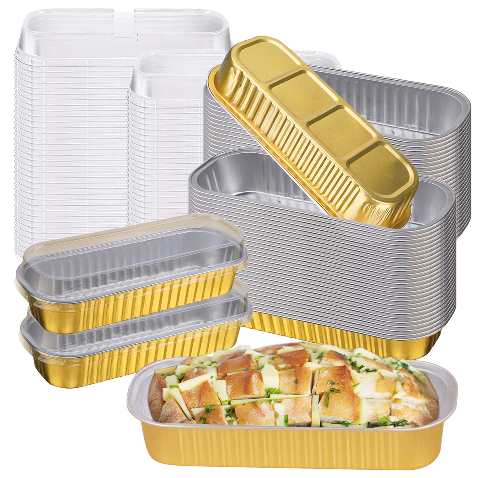 Merkaunis 100 Sets Mini Cake Pans with Lids and Spoons,Mini Loaf Pans, Rectangle Aluminum Foil Baking Pans Tins Containers for Ramekins Cupcakes Brownie Cake Bread-Gold