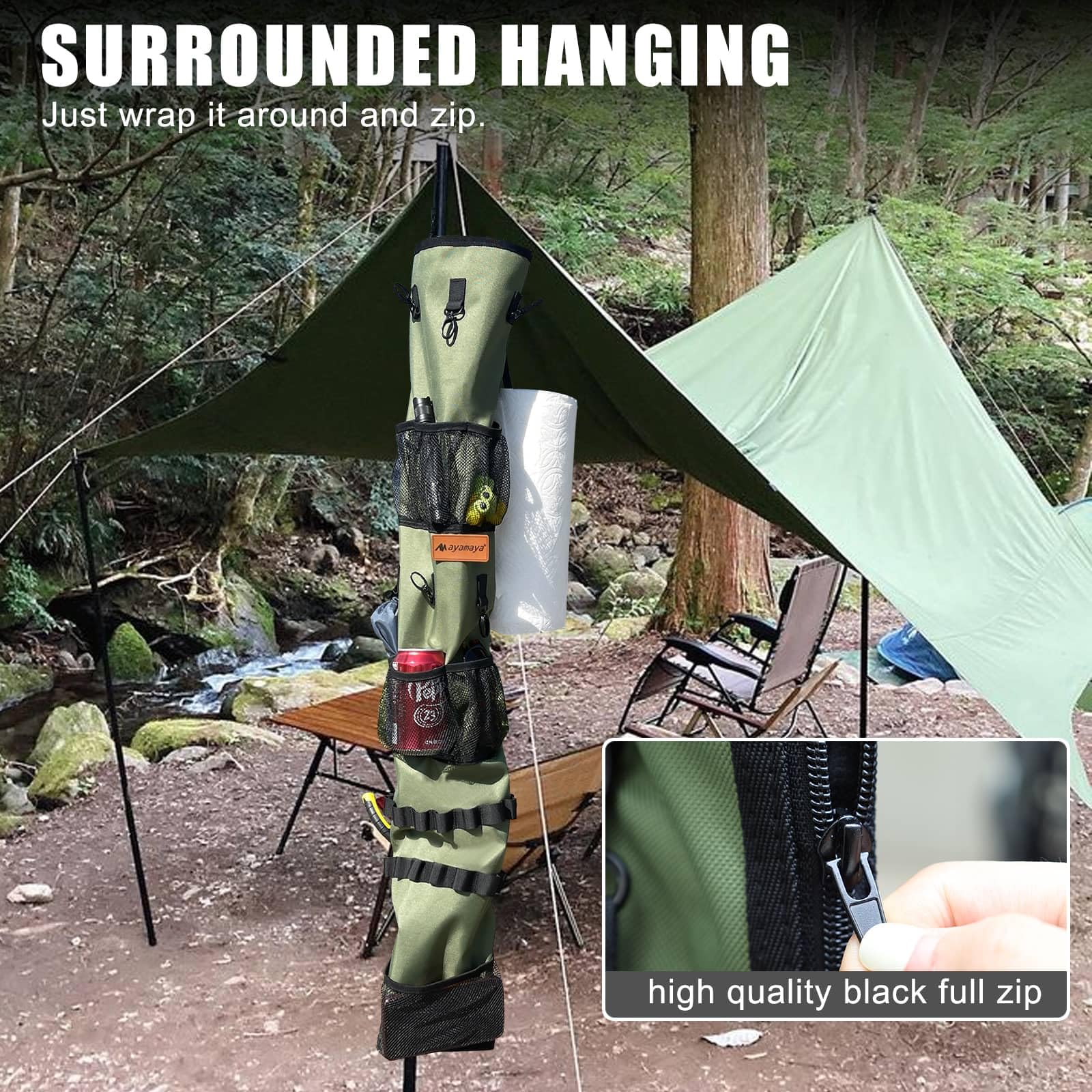AYAMAYA Organiseur de tente de camping à suspendre pour l'intérieur avec sangles de rangement et poches en maille et crochets de suspension pour camping, camping-car, pique-nique, sac de rangement