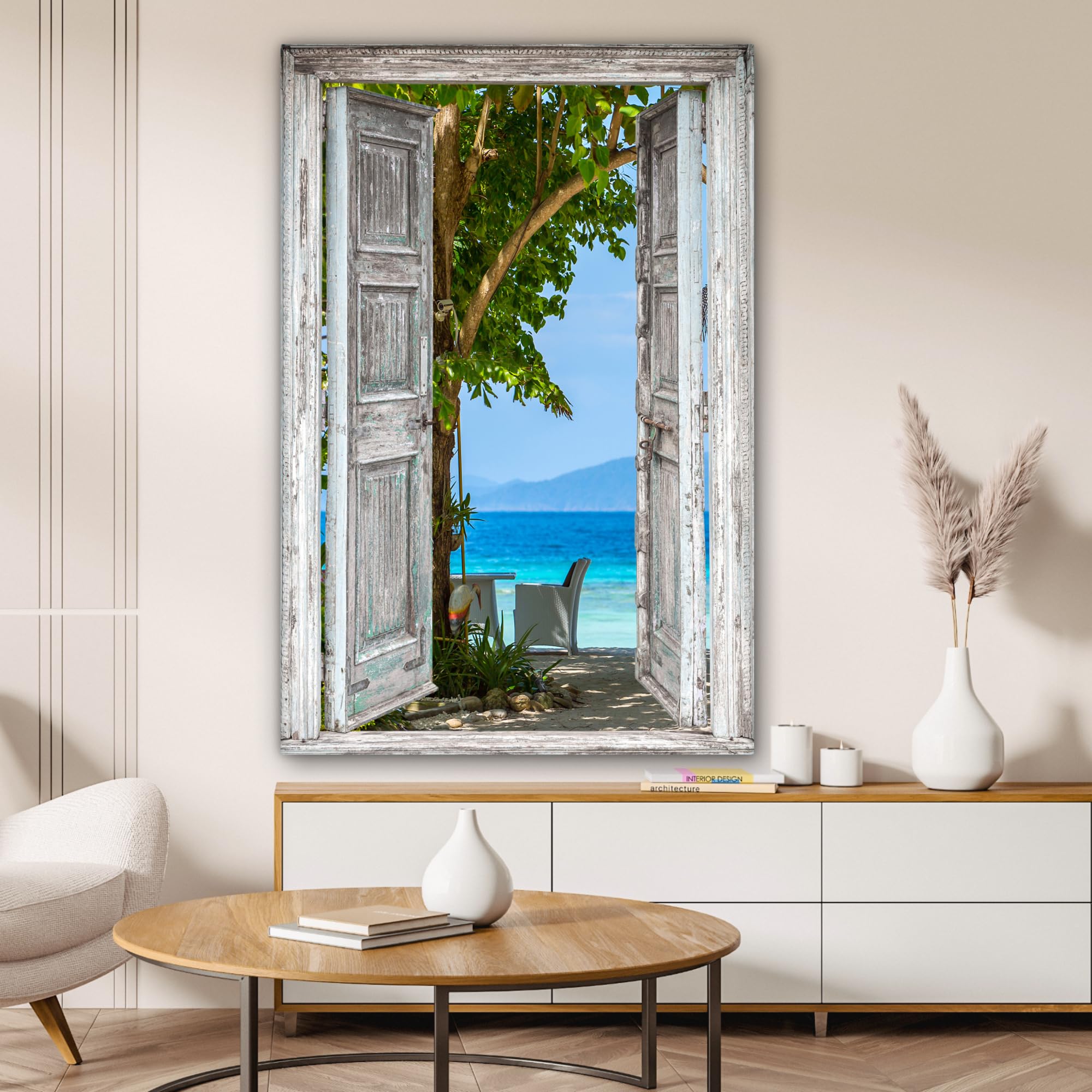 MuchoWow© Laminas Cuadros de Salon para Dormitorio 80x120 cm Lienzos Decoración Pared Cuadro Habitacion Decoracion Playa - Tropical - Mar - Vista desde la ventana