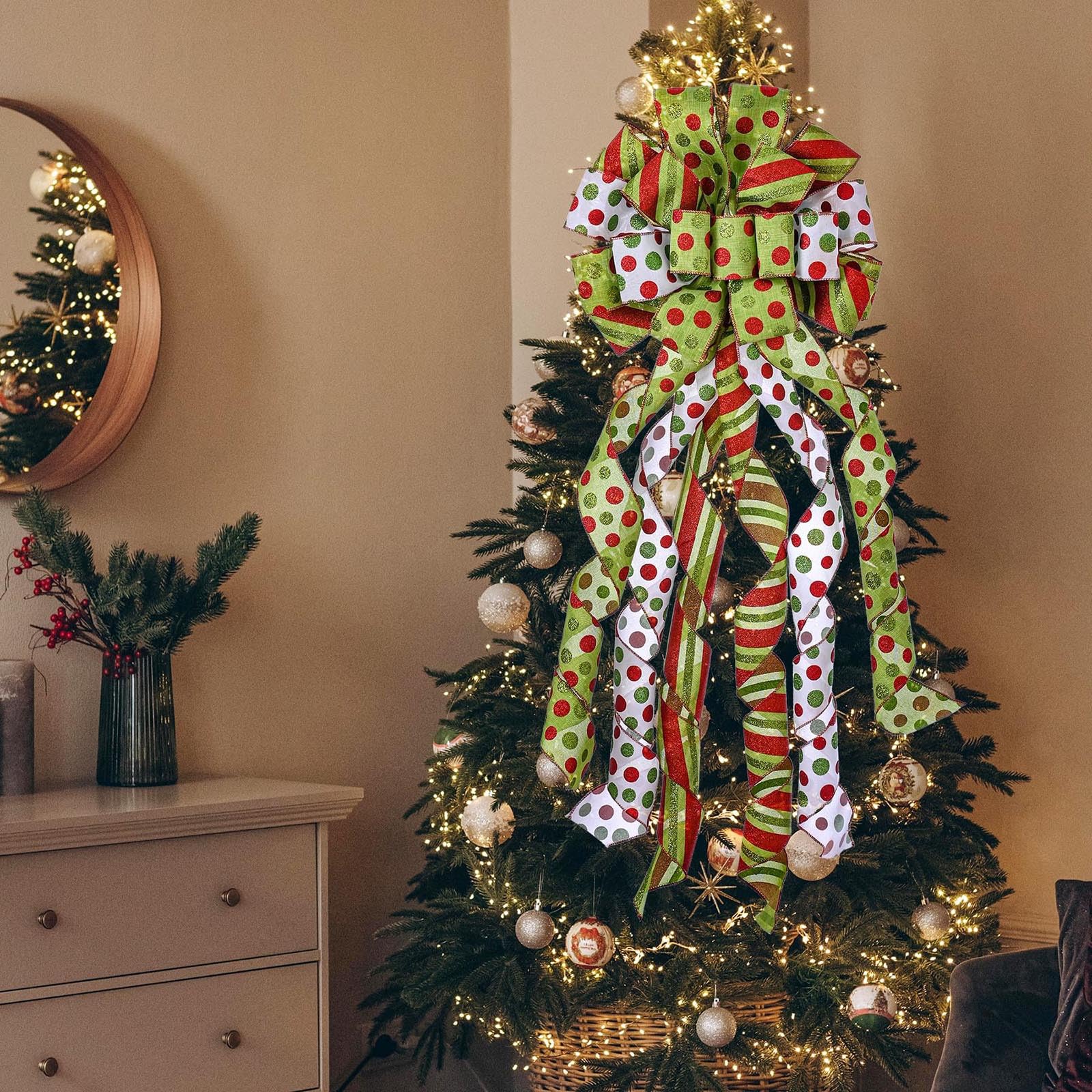 Puntale per albero di Natale, ghirlanda di Natale, 132,1 x 33 cm, con fiocco con nastro con motivo a lettere, per albero di Natale, rustico, casa