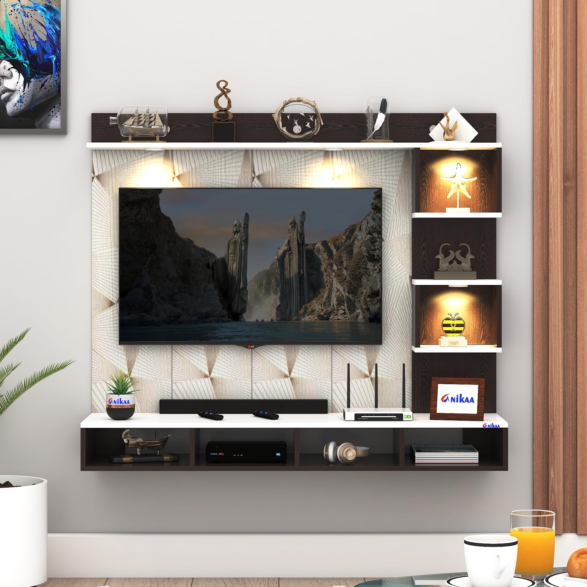 Anikaa Kirina Engineered Wood Wall-Mount TV Unit with PVC Back Panel & LED Lights | TV Cabinet with Storage Box & Decorative Shelves (Wenge/White) ? Ideal for TVs up to 40 Inch | DIY Installation-image-49