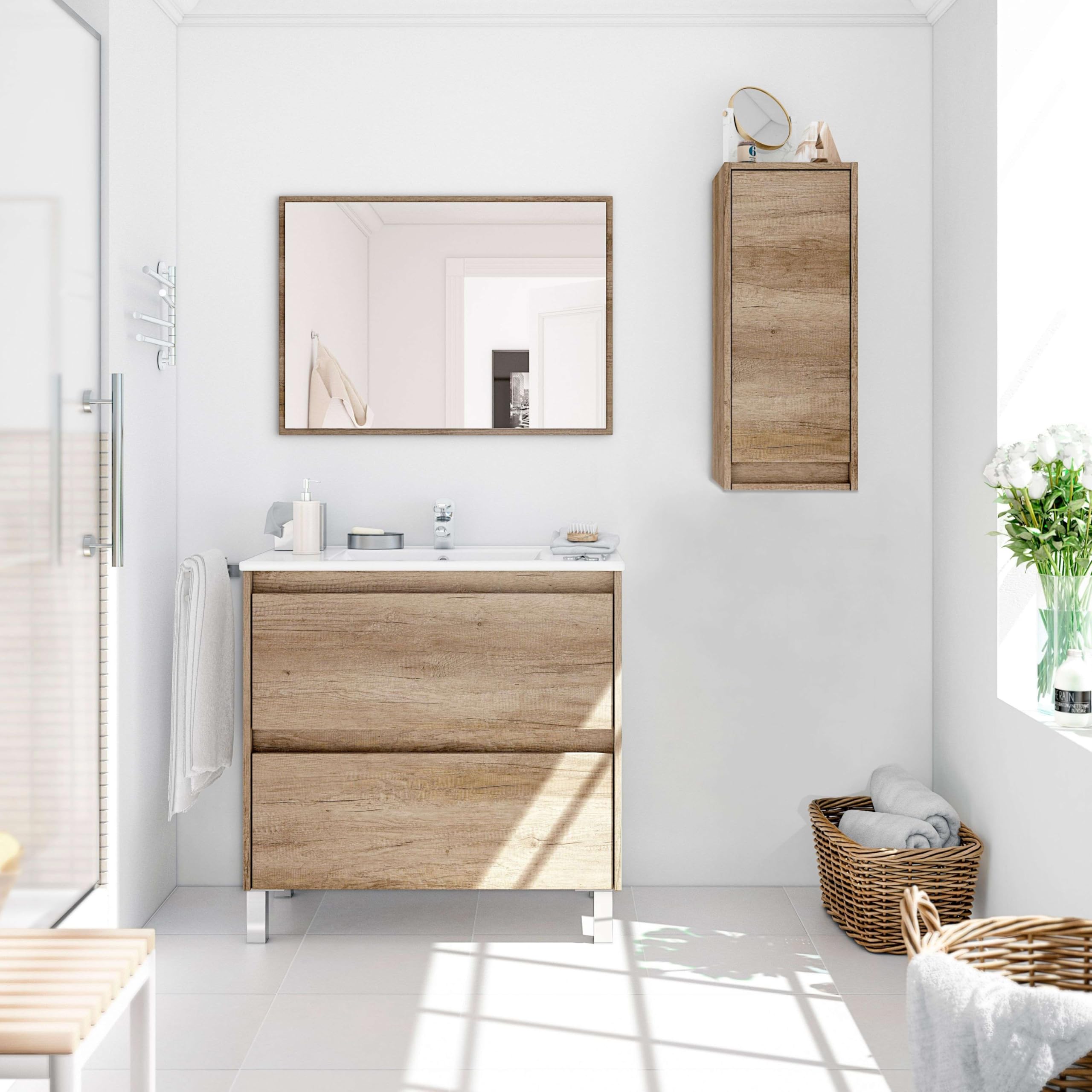 Miroytengo Columna de baño, Lavabo, de Pared, Color nordik, Tirador Integrado, diseño Moderno, Mueble Auxiliar, baño pequeño, 30x26x74 cm