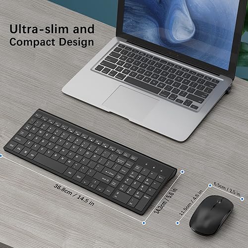 Vista 5 de Combo de teclado y mouse inalámbricos recargables, J JOYACCESS 2.4G, compacto, silencioso, delgado, inalámbrico, para laptop, PC, escritorio, Negro