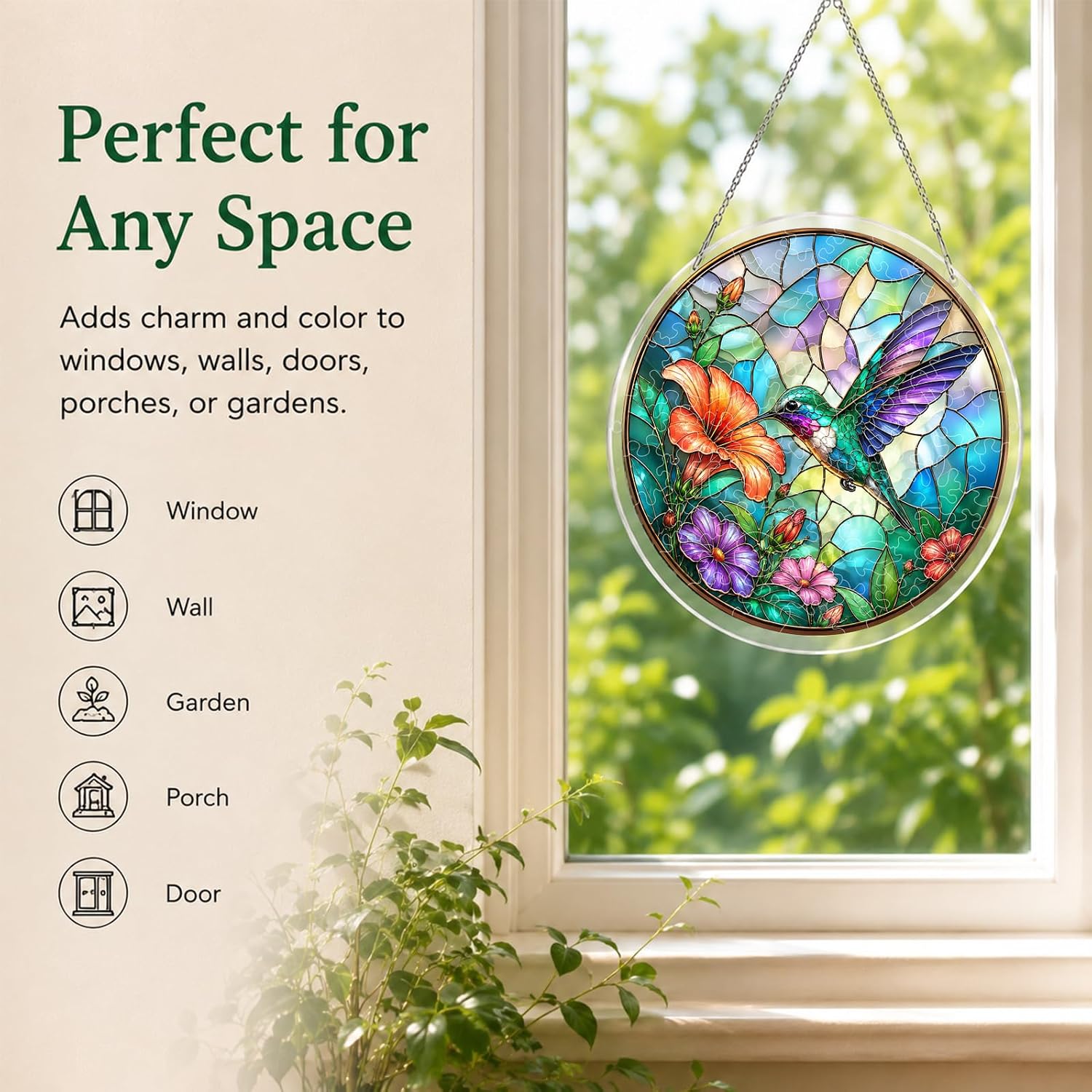Acrylic Puzzle Suncatcher, Hummingbird Flowers Stained Glass Window Door Hanging, DIY Suncatcher Jigsaw Puzzle Kits Home Garden Decor, Creative Gifts for Mom, Women, Wife, Sisters, Aunt, Besties 7.4in
