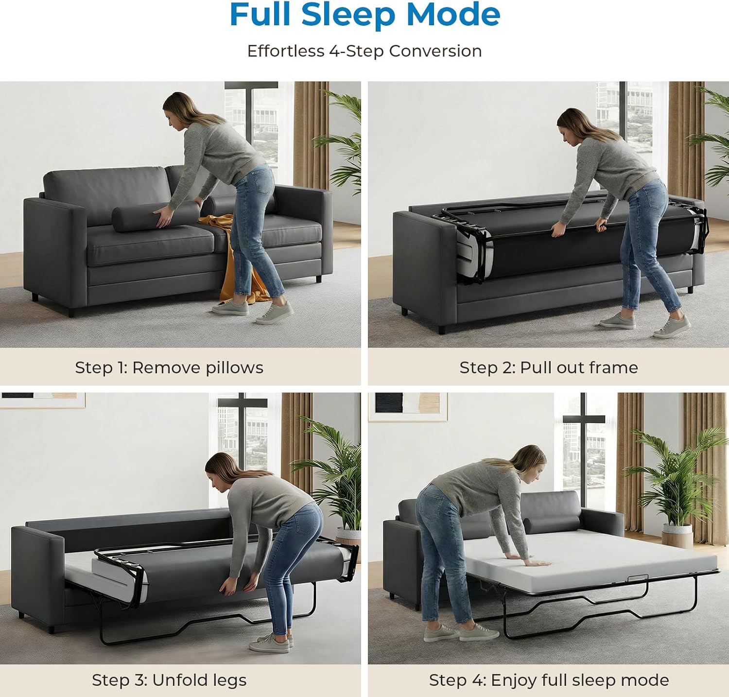 Mjkone 79" W Queen Size Faux Leather Pull Out Sofa Bed, Queen 2-in-1 Sleeper Sofa with Memory Foam Mattress, Modern Loveseat Couch Beds, Pullout Couch Bed for Living Room, Apartment, Studio, Dark Grey