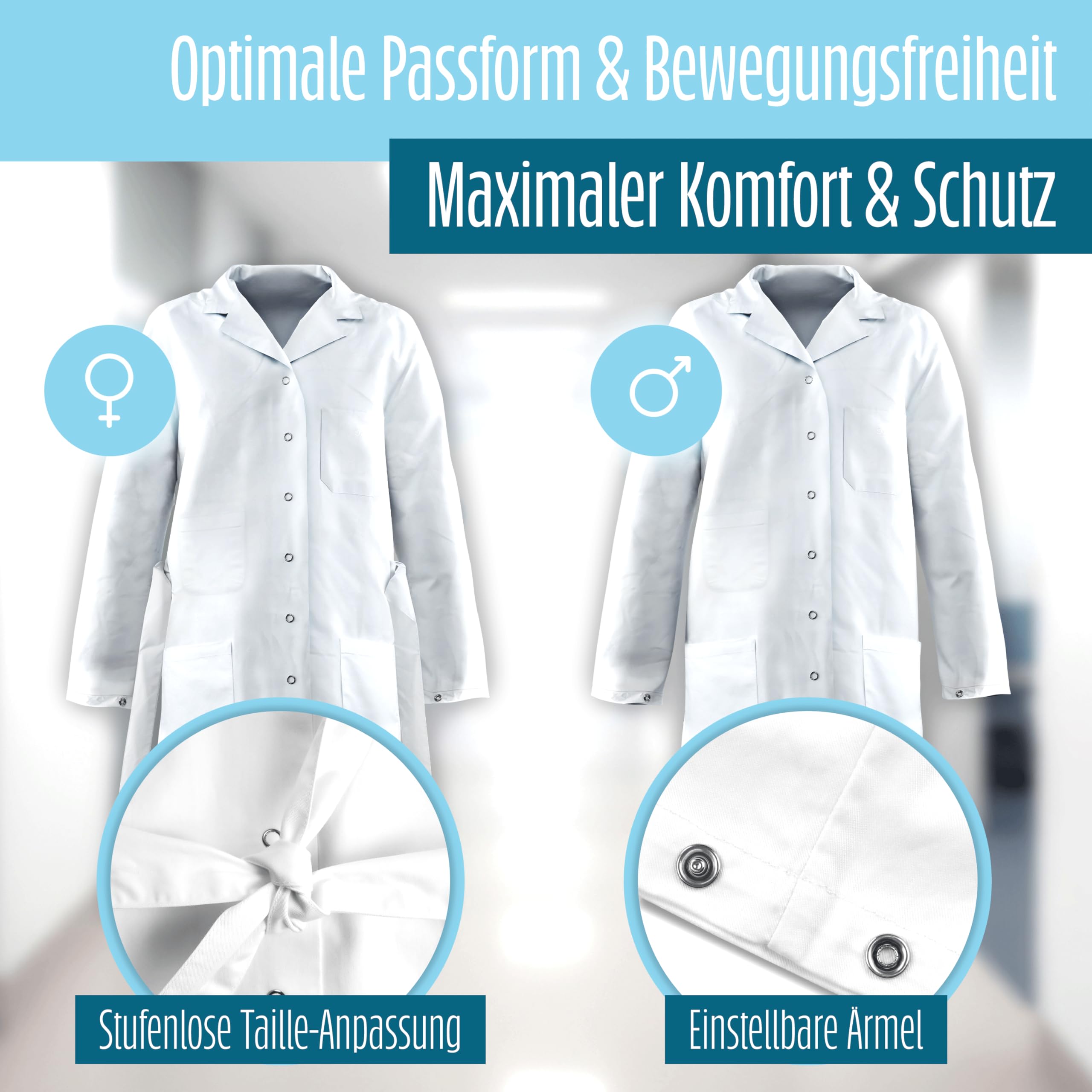 Bata de laboratorio blanca 100% algodón (200 g/m²) con múltiples bolsillos para laboratorios, hospitales, profesiones médicas, estudiantes, escuelas, para hombres y mujeres.