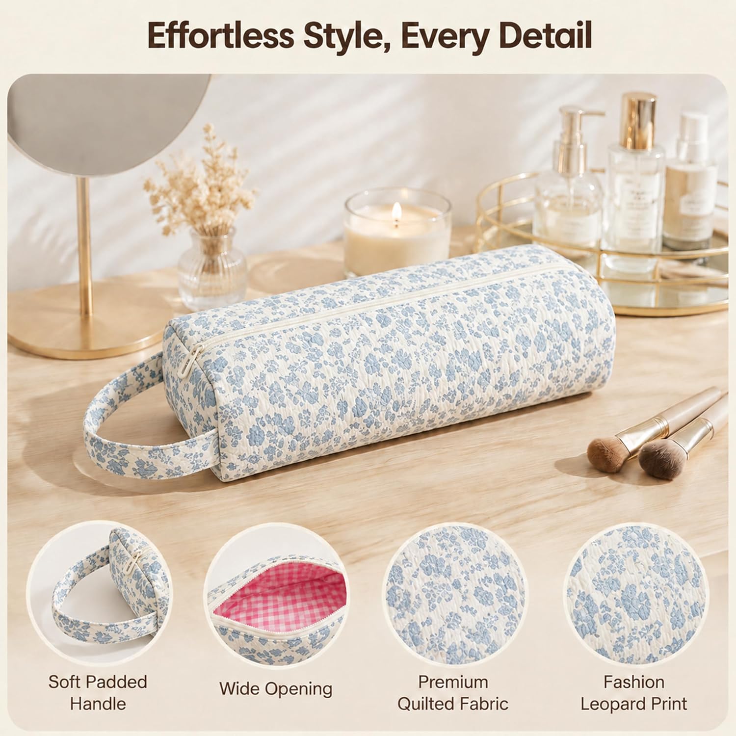 Hair Tools Organizer Travel Bag, Quilted Portable Storage Case for Curling Iron, Flat Iron, Hair Dryer & Hair Accessories, Foldable Styling Tools Travel Essentials(Blue Floral)