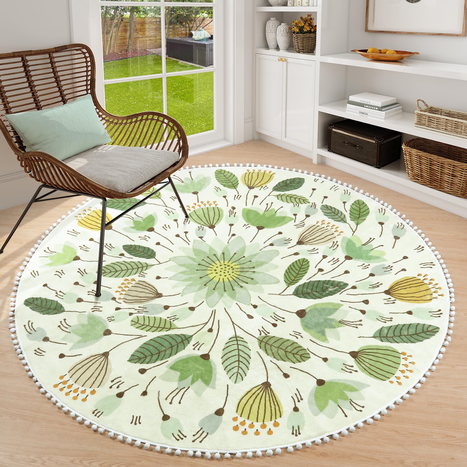 Circle Rug Pom Uphome Round Throw Rugs for Bedroom 4' Circle Cute Area Rug with Pom ...