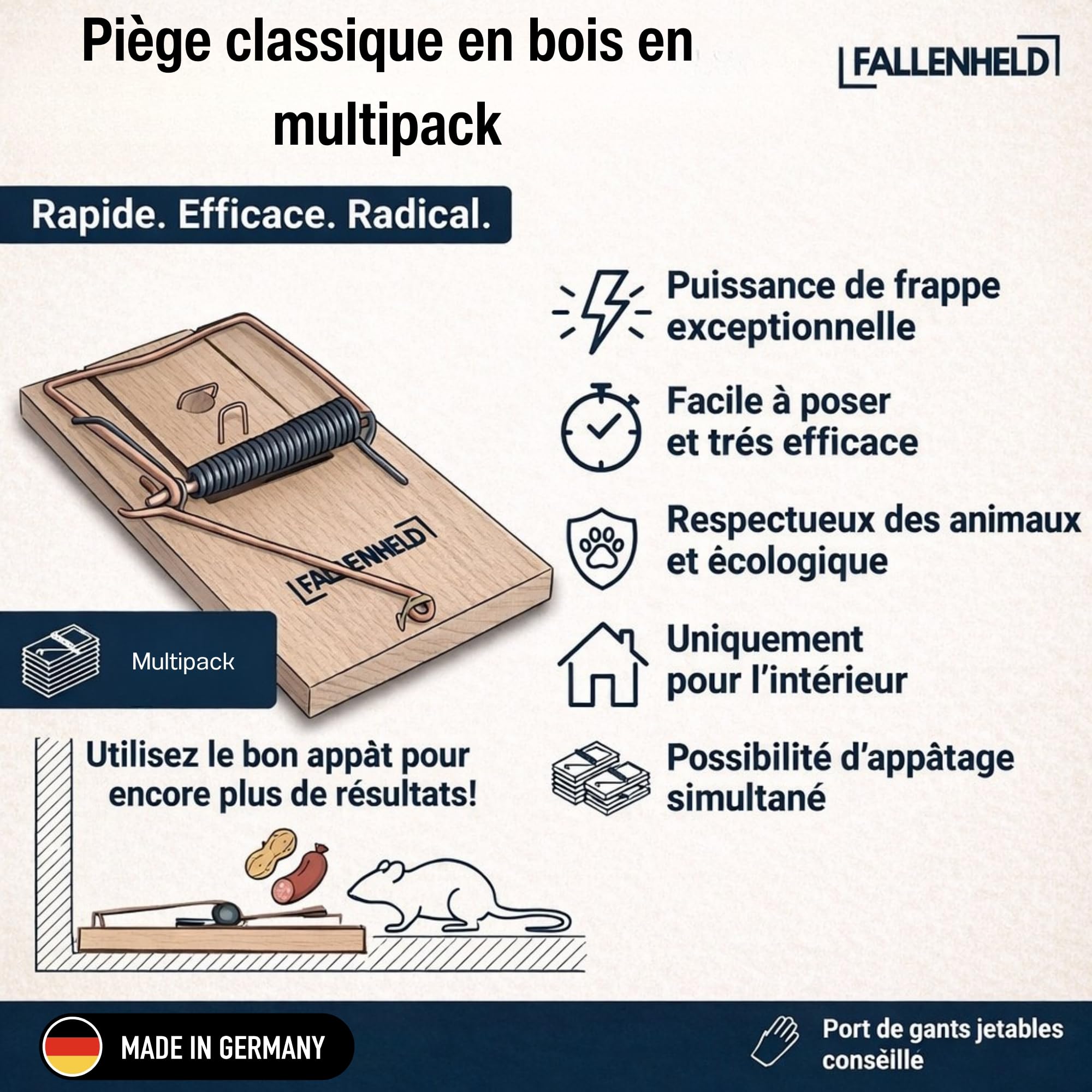 Pièges à Rats en Bois Lot de 5 - Tapette puissante sans Poison, Réutilisable