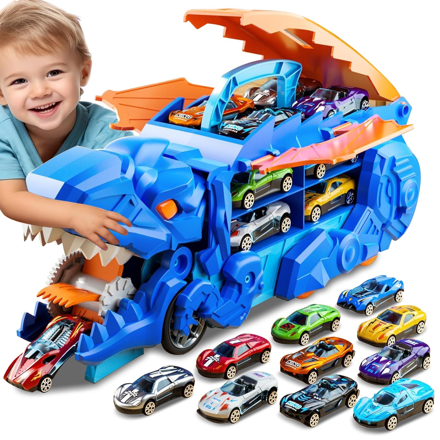 Esteopt Camion Trasporto Giocattolo Auto per Ragazzi Età 3 4 5 6 7, Camion Pista da Corsa Dinosauri Portatile con Set di 12 Dinosauri in Scatola Regalo (Blu)
