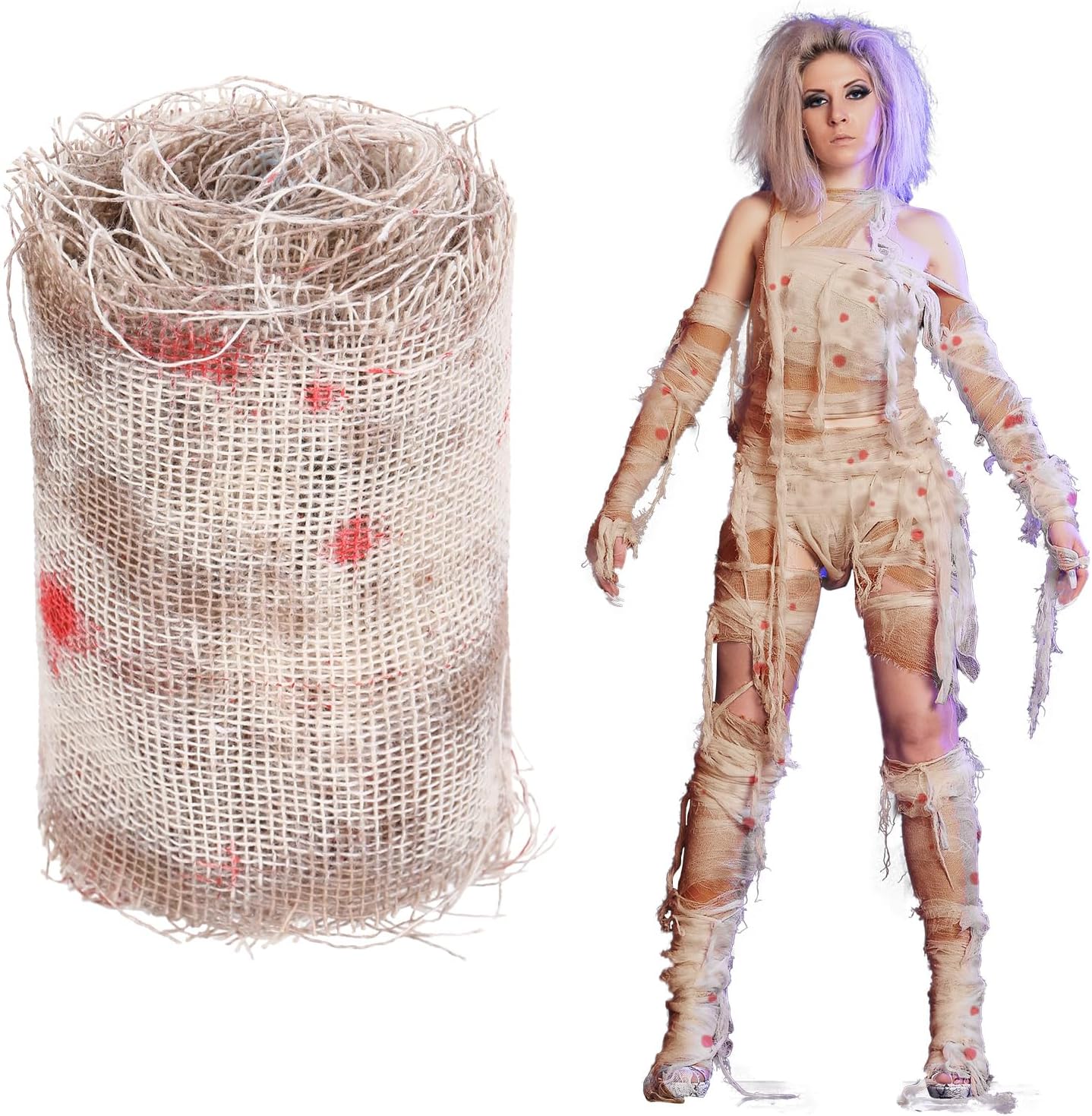 Preboun Halloween Mummy Bandage Wrap Bloody Gauze Zombie Makeup Props Creepy Costume Bandage Cosplay Party(Red,131.2 ft X 3.15 Inch)