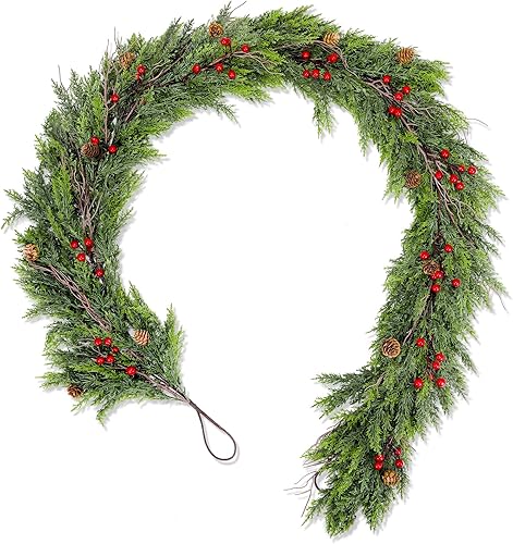 Miniatura 8 de Guirnalda de Navidad de cedro artificial con bayas rojas y piñas - Vegetación invernal artificial completa para repisa de chimenea navideña,