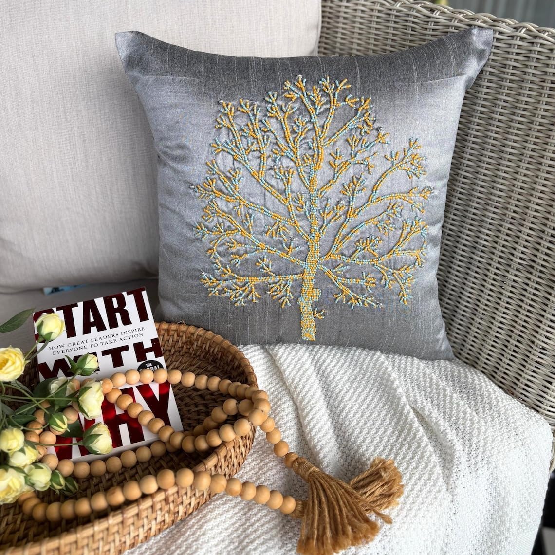 The HomeCentric Cushion Cover, Silver Grey Decorative Pillow Covers 16x16 inch (40x40 cm) Silk Throw Pillows for Couch, Nature & Floral, Tree, Beaded, Modern Handmade Pillowcases - Tree of Faith