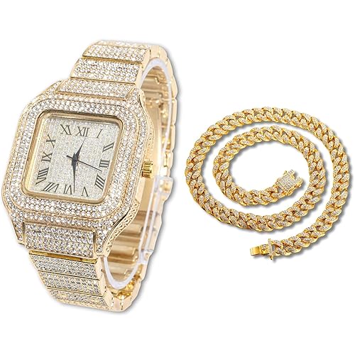 Halukakah Men’s Watch - The King - 18K Gold/Platinum Plated, 40MM Square Dial, Iced Out Wristband, with Cuban Link Chain Necklace and Bracelet Set Optional, Comes in Giftbox