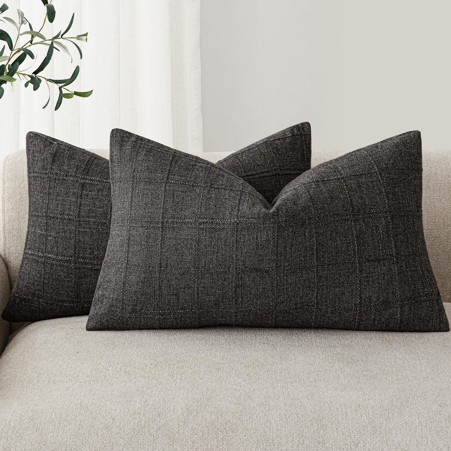 Foindtower Textured Linen Check Lumbar Throw Pillow Covers 12×20 Charcoal