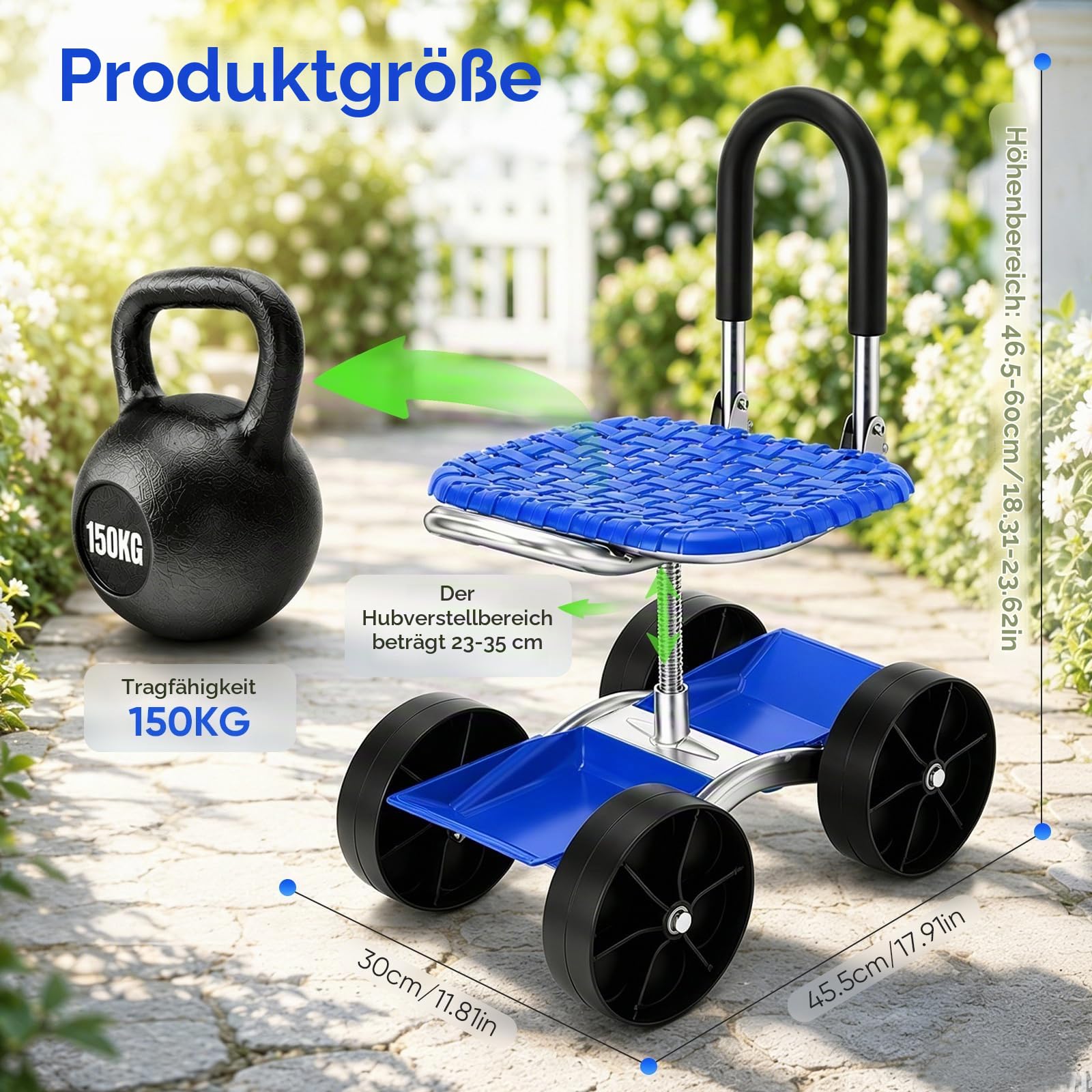 Gartenhocker, Rollender Gartenwagen Gartensitz mit Rollen Garten Rollsitz Kniebank Gartentrolley 360° Drehbar Höhenverstellbar Mobiler Gartenhocker mit Griff Ablagefach Gartenarbeitssitz bis 150 kg