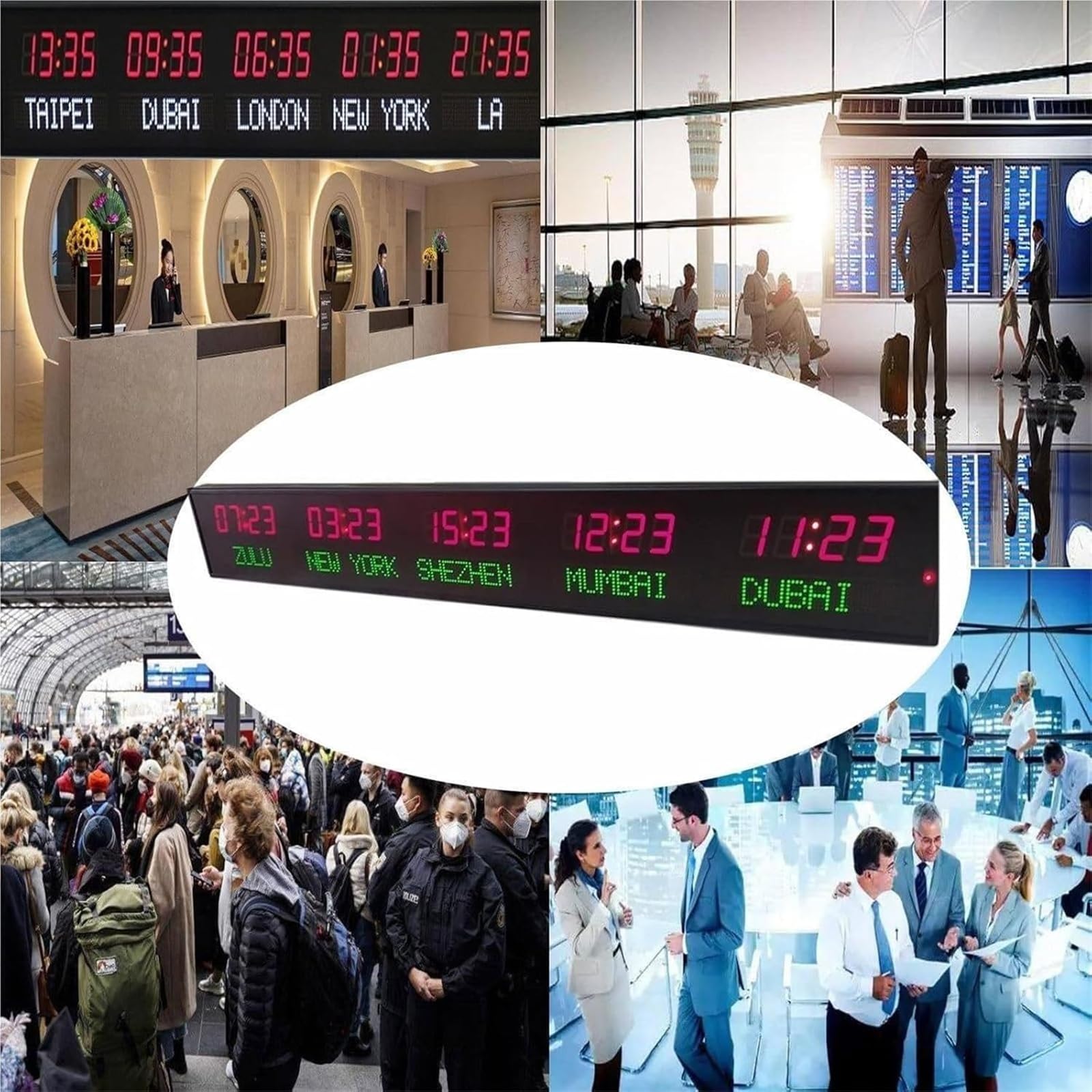 Orologio con Fusi Orari Mondiali, Orologio Digitale con più Fusi Orari, Orologio con 5 Città, 3 Livelli di Regolazione della Luminosità, per Aziende Multinazionali, Hotel, Uffici