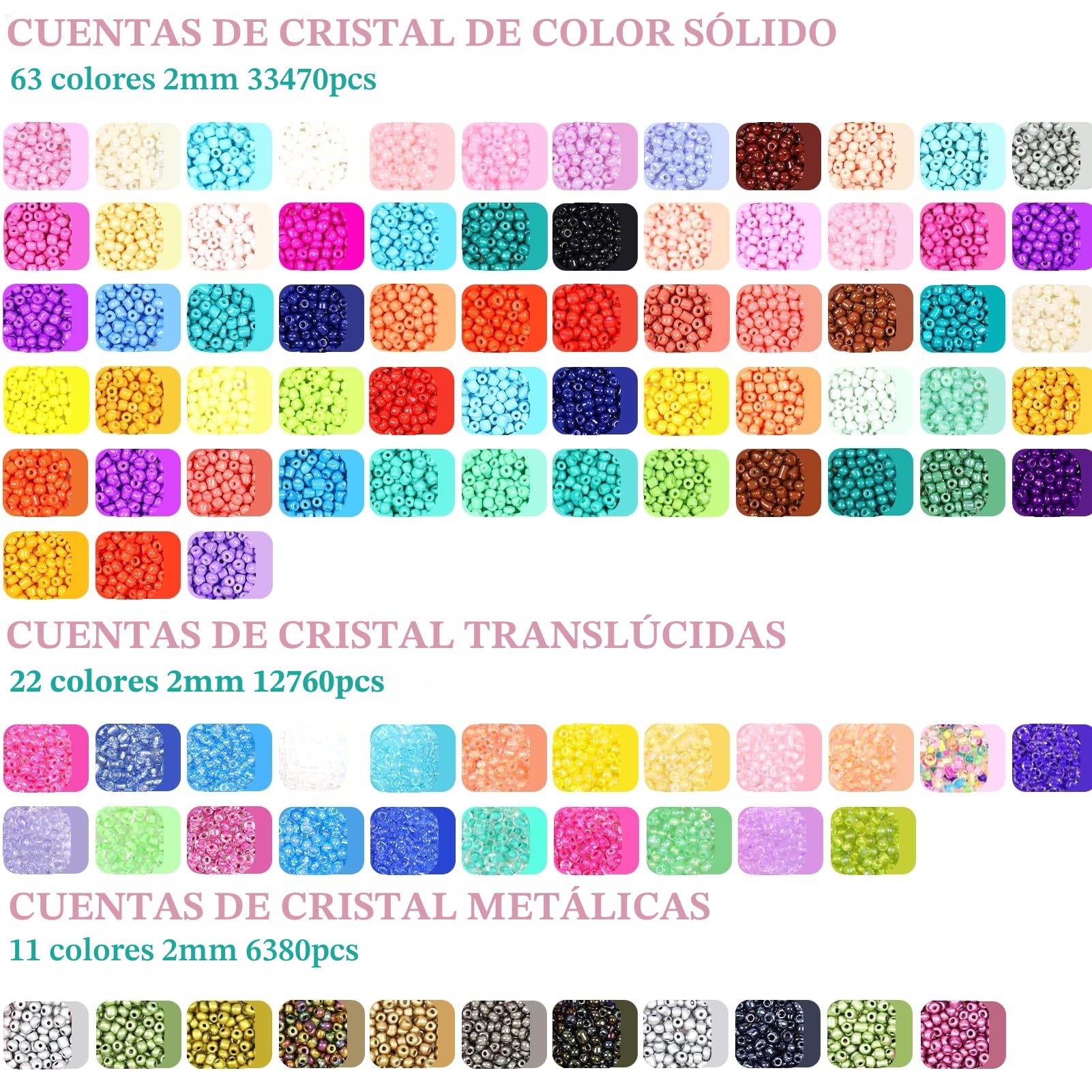 52000PCS Abalorios para Hacer Pulseras de 2 mm, 96 Colores, Ideal para Chicas DIY Pulseras, Collares y Otras Joyas. Viene con Pinzas, Tijeras, así como 2 rollos de Hilo Transparente de 0.5mm.