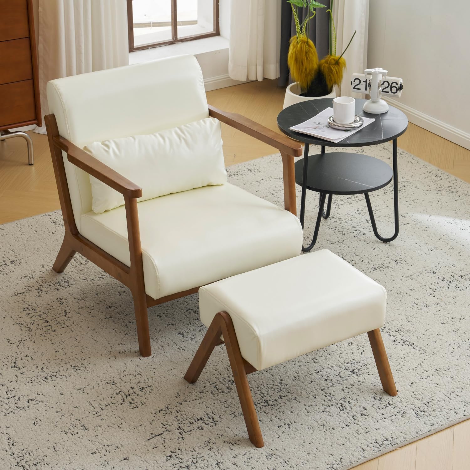 MOJAY Modern Accent Chair with Ottoman, PU Leather Upholstered Armchair Living Room Chair for Bedroom, Balcony, Reception