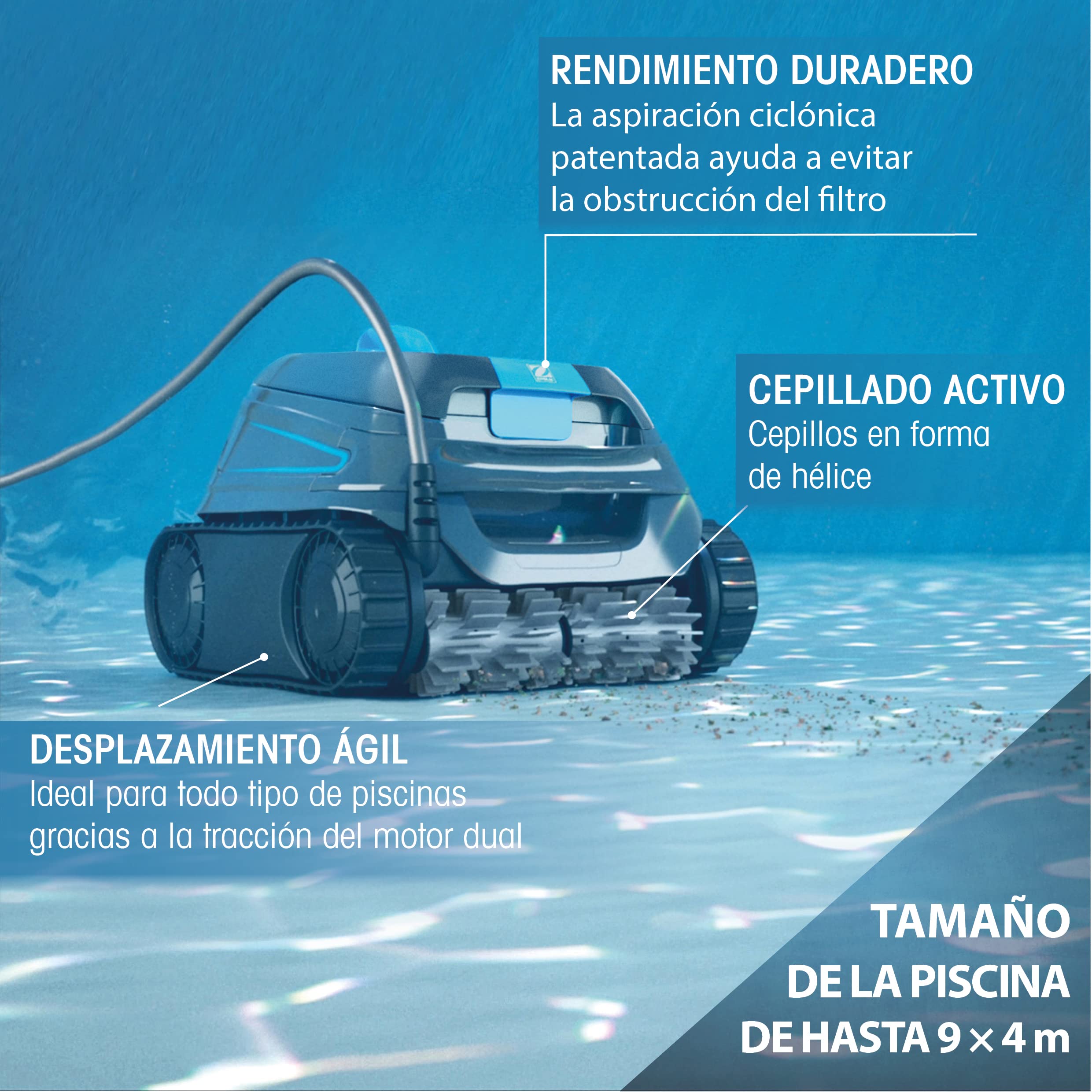 Limpiafondos CNX 10 de Zodiac para Piscinas de hasta 9 x 4 m. Limpia Suelo, Paredes y línea de Agua. Aspiración ciclónica, Agilidad integrada. Incluye Cable de 15 m y filtración Fina