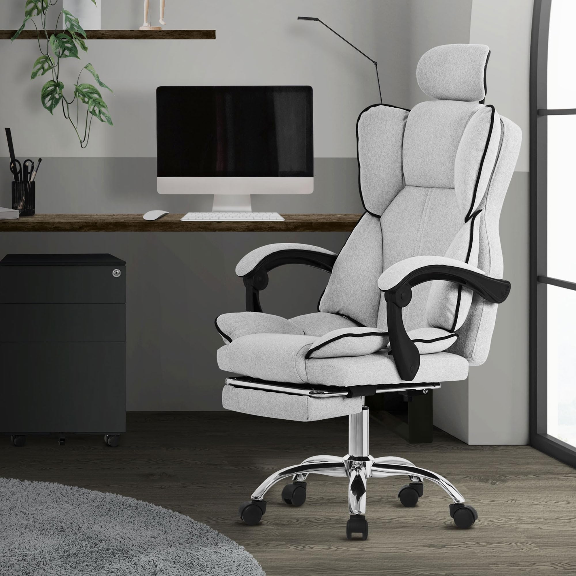 ML-Design Silla de Ordenador Gris Claro Ergonómica Regulable en Altura con Respaldo Alto Asiento Gaming Giratorio con Reposapíes, Cojín y Reposacabezas Mueble de Oficina con Función Balancín
