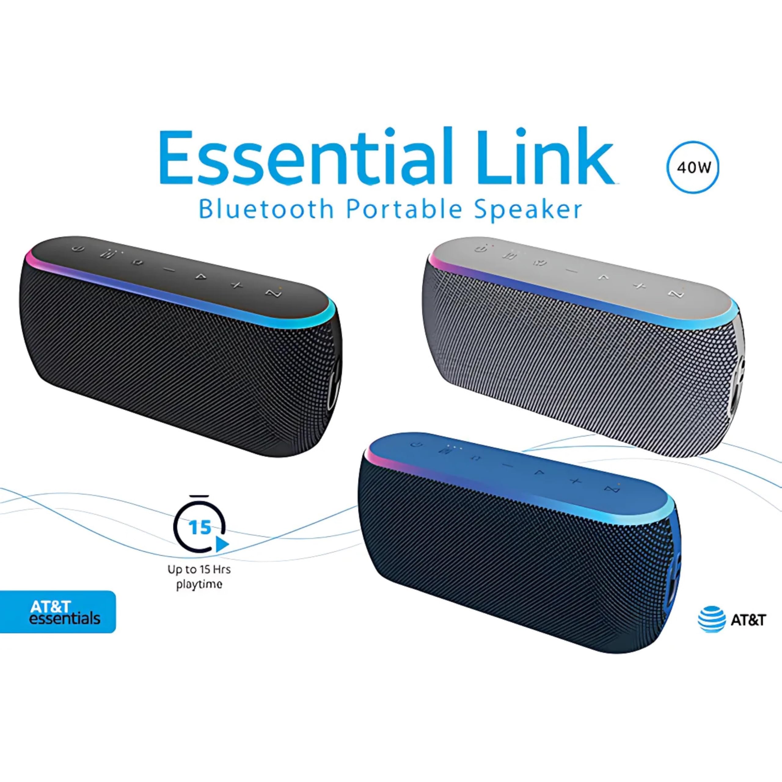 AT&T Essentials Haut-parleur Bluetooth portable 40 W - Étanchéité IPX6 - Double appariement sans fil, 15 heures d'autonomie, sangle/poignée amovible - Maison/cuisine/extérieur (noir)
