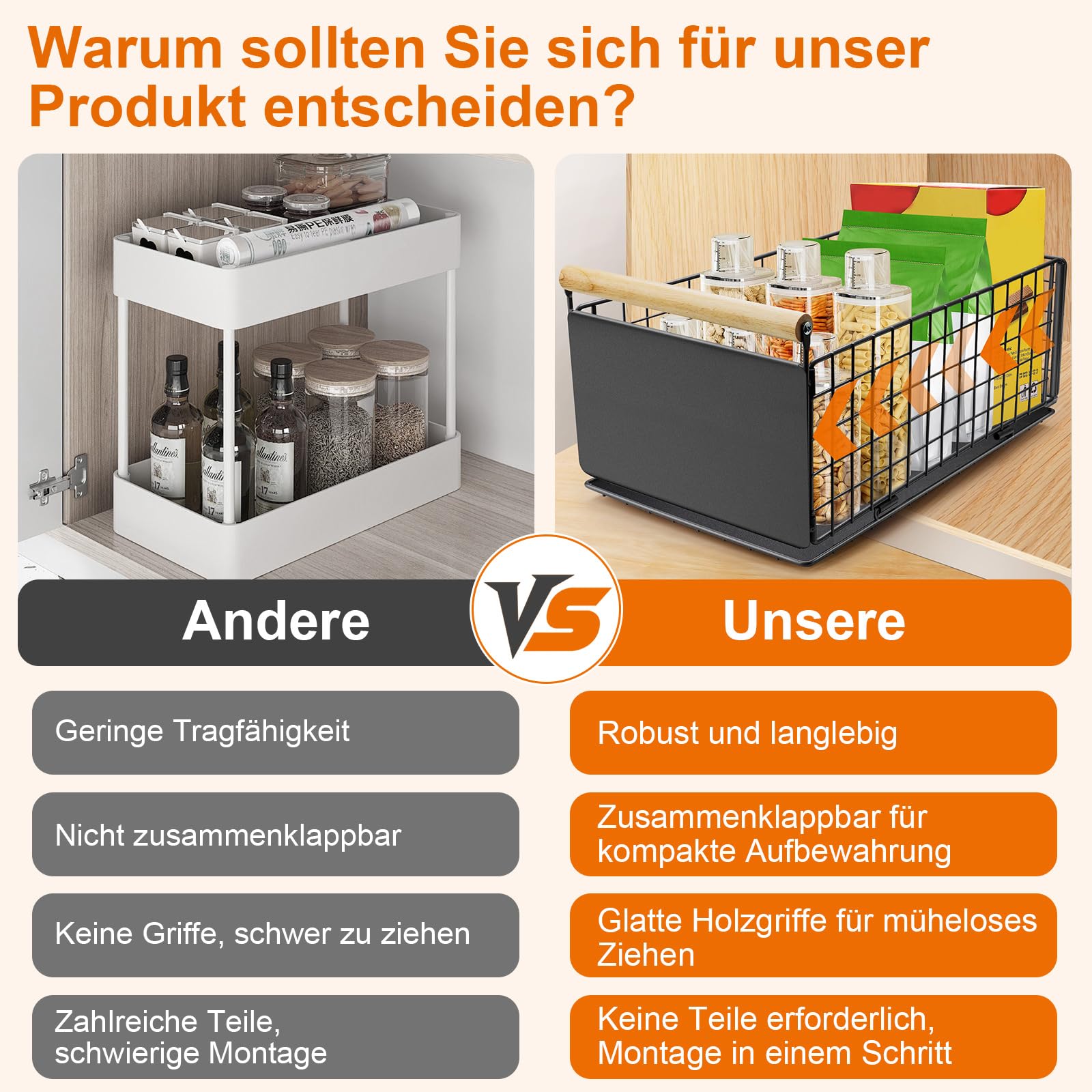 2 Artikel Ausziehbare Schublade Küche, Hochwertiger Karbonstahl Ausziehbarer Schrank Organizer, Ultraleise Teleskopschublade, 40cm x 23cm x 20cmGeeignet für Küche, Bad, Speisekammer