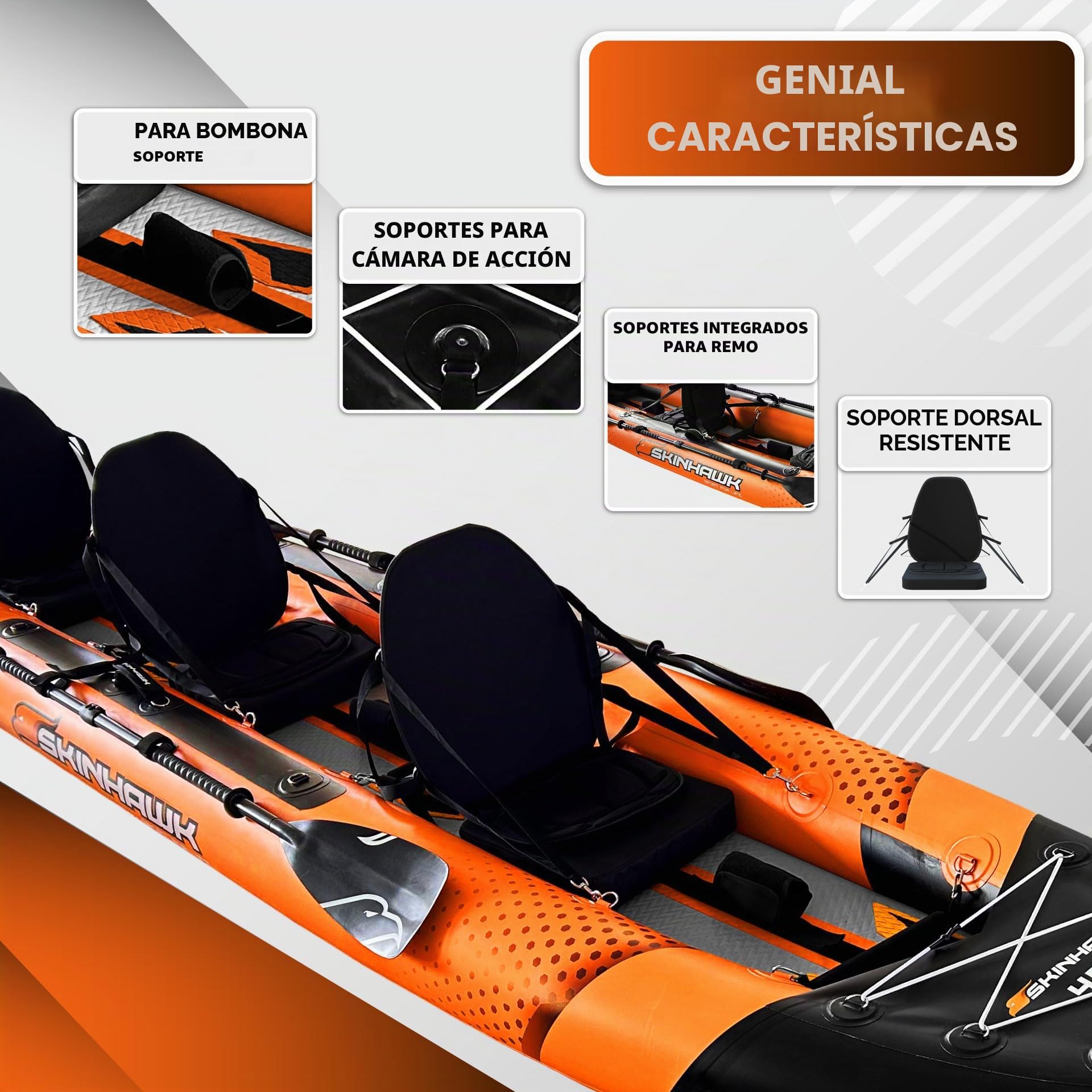 SKINHAWK Exclusiv Orange Kayak Set 480 – Barco inflable – Canoa – 480 x 96 cm – Kayak para 3 personas