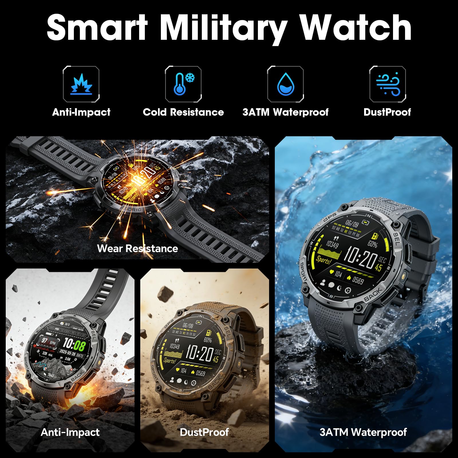 Montre intelligente militaire pour homme avec GPS, montre tactique AMOLED HD de 3,6 cm avec appel Bluetooth, lampe de poche LED, boussole, plus de 100 modes de sport, traqueur de fitness