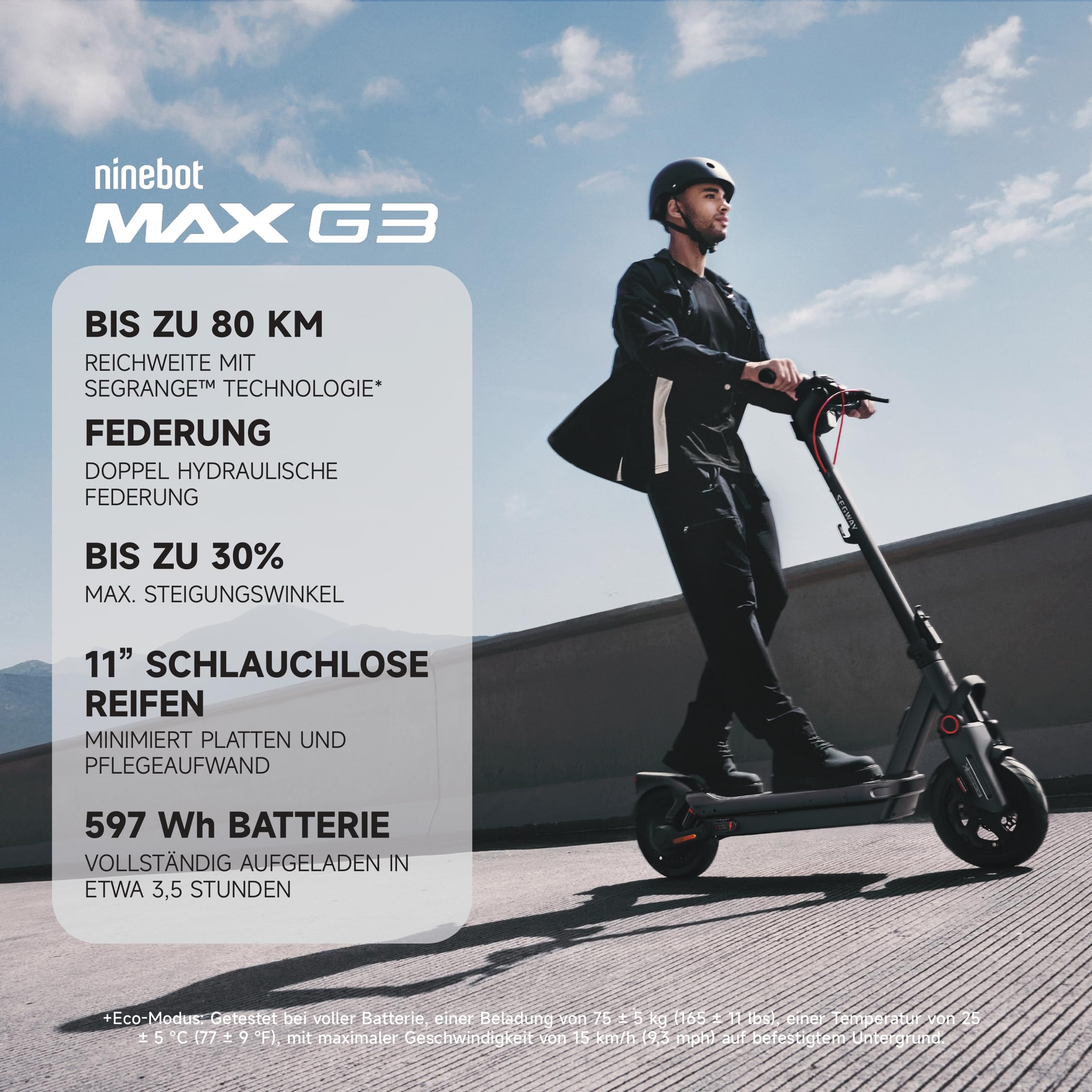 Segway-Ninebot MAX G3 D, E-Scooter mit Deutscher Straßenzulassung, 80 km Eco Modus Reichweite, 75km im Sport Modus, doppelte hydraulische Federung, 130 kg Tragkraft, Smart Display, 3,5 h Ladezeit
