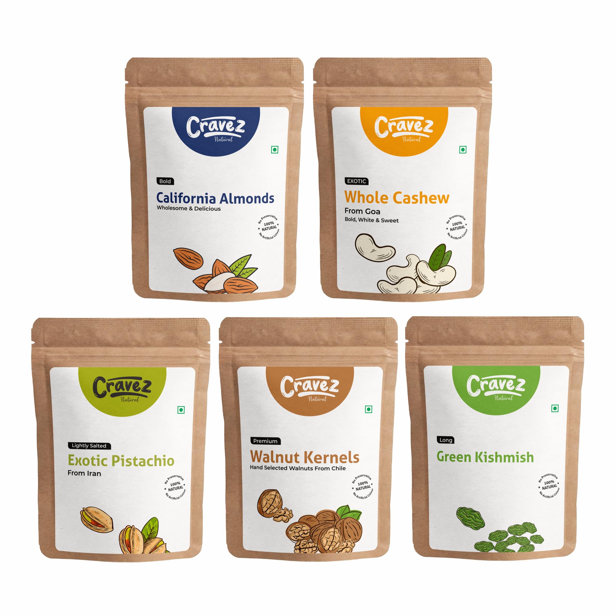 Cravez Mix Dry Fruit - 500gm California Almonds, Whole Cashews, Green Kishmish, Exotic Pistachios, Walnut Kernels | High in Fiber & Boost Immunity | Rich in Protein | Healthy Nut - Dry Fruits Diwali Combo Pack of 5 (100 gm each) | Diwali dry fruit gi (B0D5V1DL4V) Amazon Price History, Amazon Price Tracker